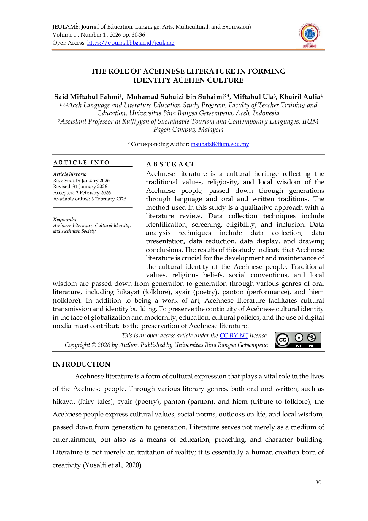 JURIS The Role of Acehnese Literature in Forming Identity Acehen Culture