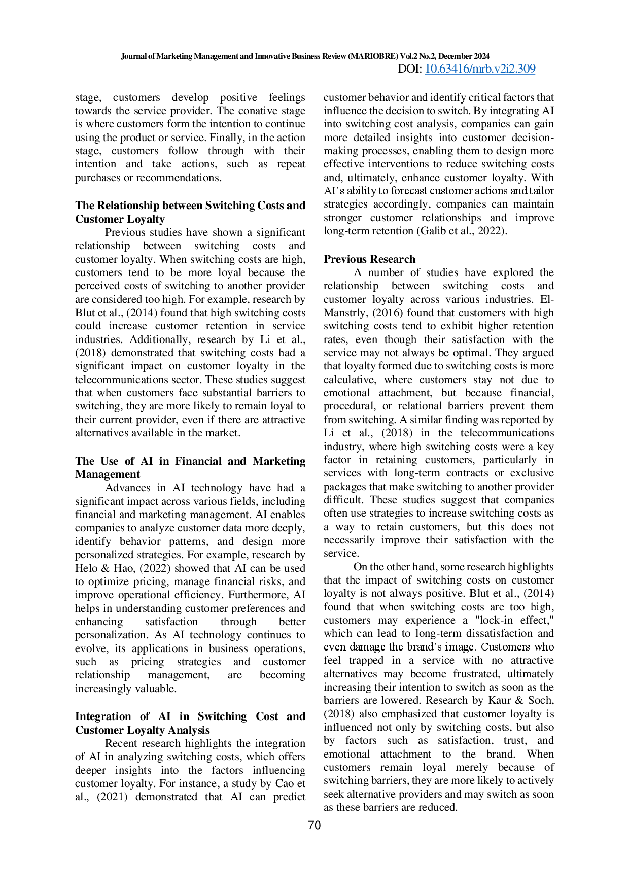 JURIS Correlation Between Switching Costs and Customer Loyalty Integration of AI in Theoretical and Practical Approaches