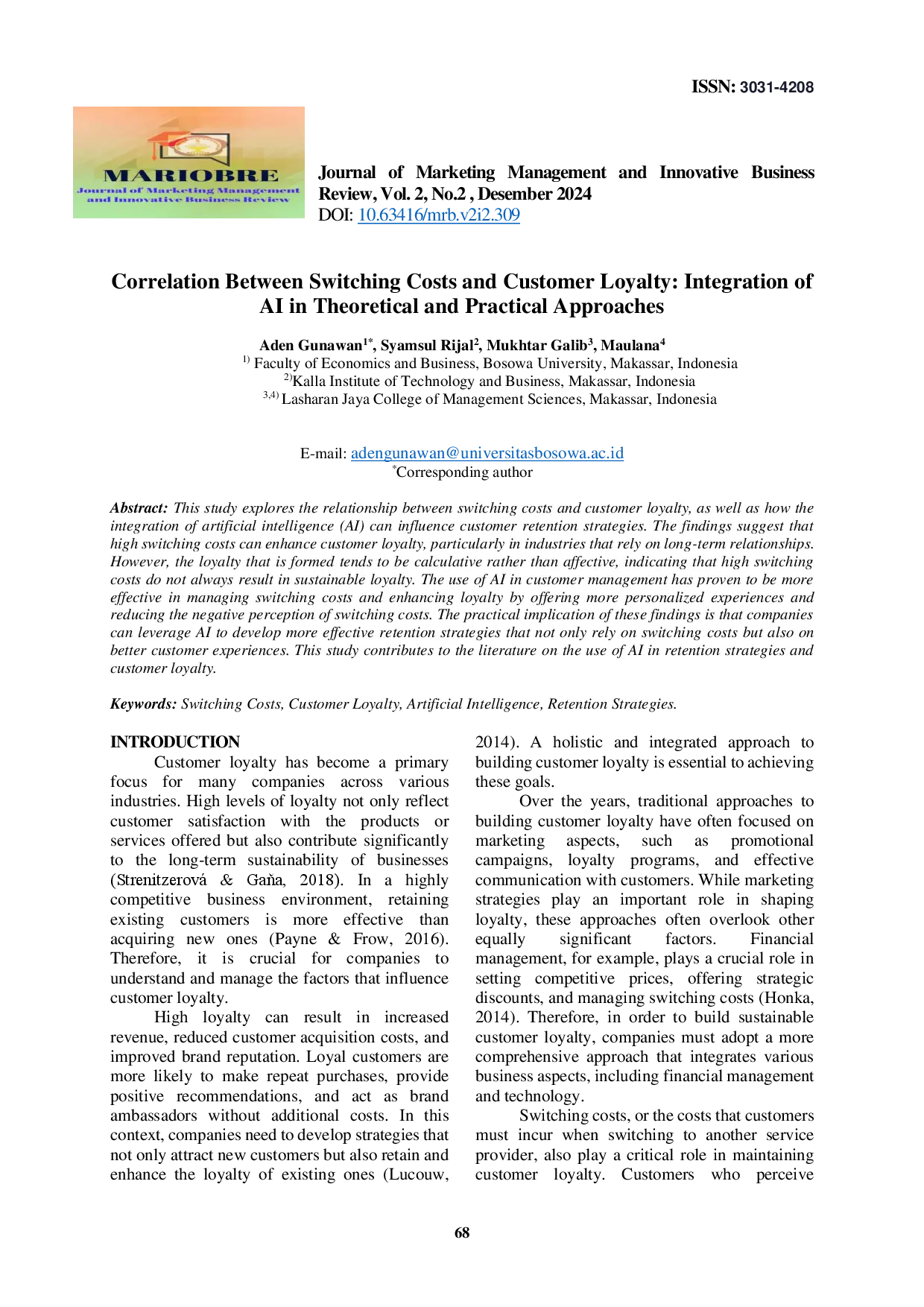 juris Correlation Between Switching Costs and Customer Loyalty Integration of AI in Theoretical and Practical Approaches