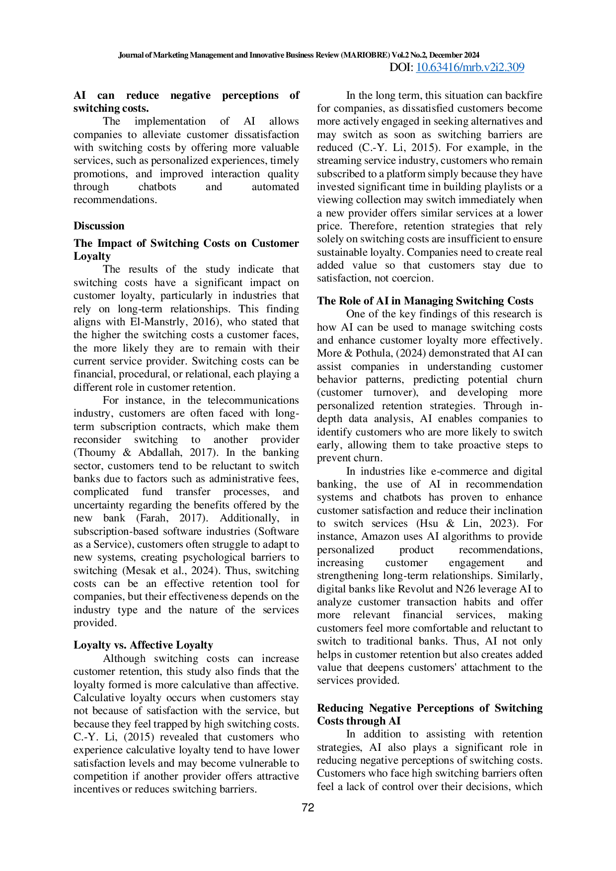 juris Correlation Between Switching Costs and Customer Loyalty Integration of AI in Theoretical and Practical Approaches