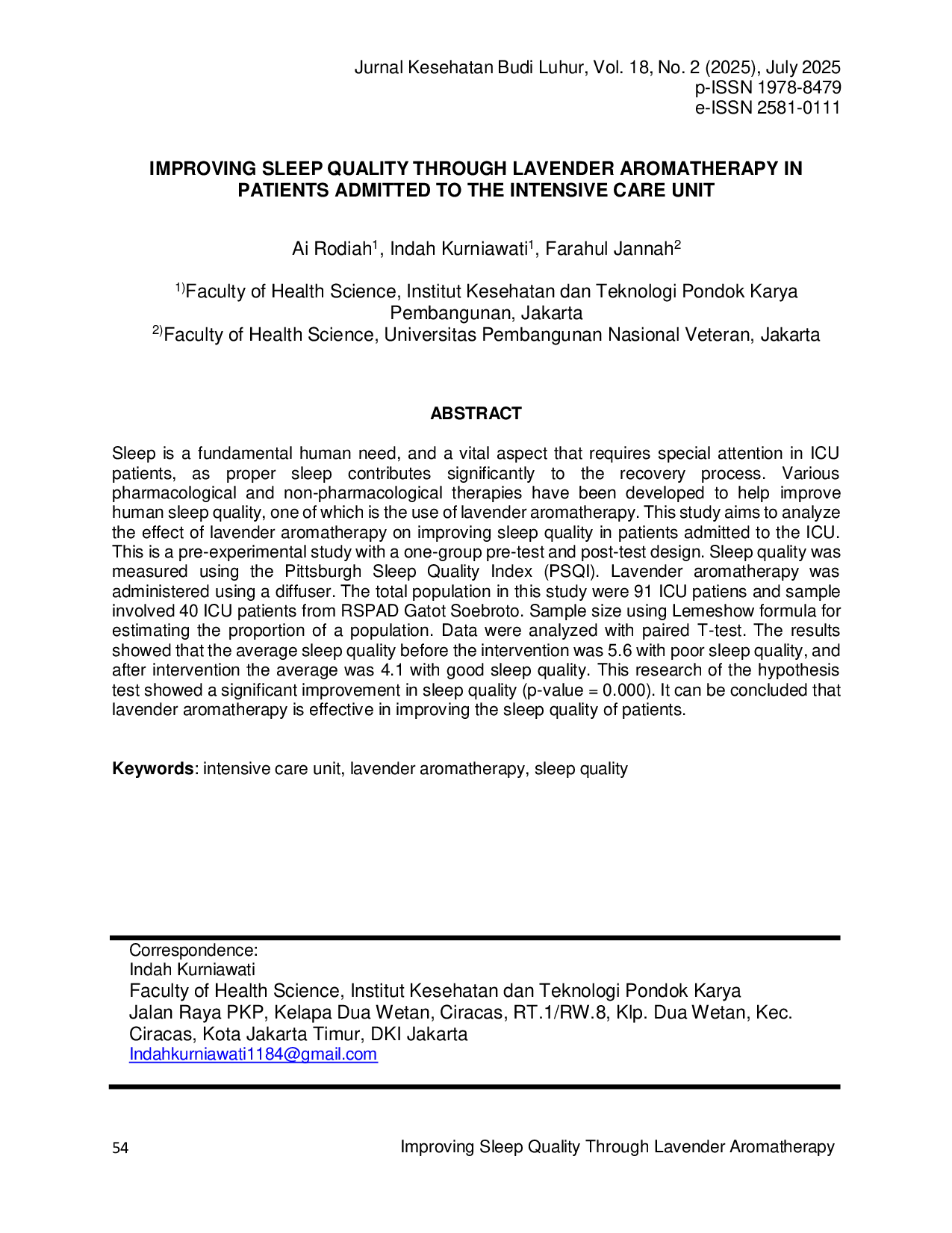 JURIS Improving Sleep Quality Through Lavender Aromatherapy in Patients Admitted to The Intensive Care Unit