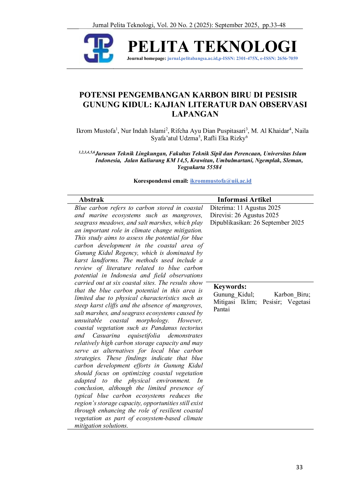 JURIS Potensi Pengembangan Karbon Biru di Pesisir Gunung Kidul Kajian Literatur dan Observasi Lapangan