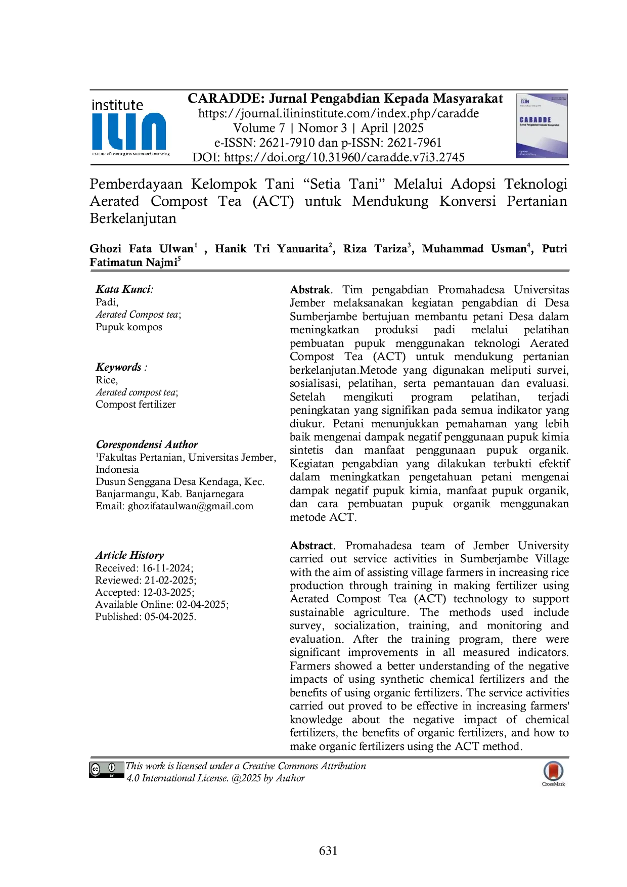 JURIS Pemberdayaan Kelompok Tani Setia Tani Melalui Adopsi Teknologi Aerated Compost Tea ACT untuk Mendukung Konversi Pertanian Berkelanjutan