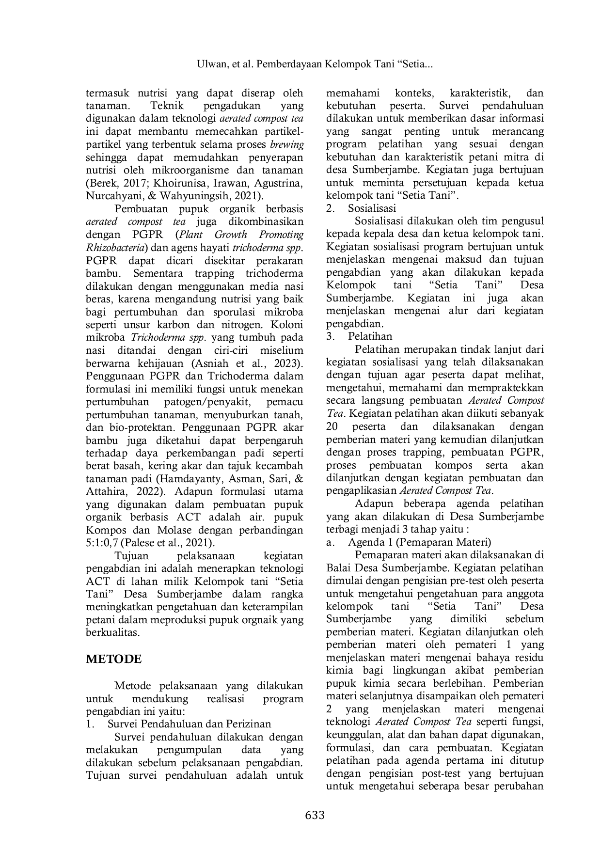 JURIS Pemberdayaan Kelompok Tani Setia Tani Melalui Adopsi Teknologi Aerated Compost Tea ACT untuk Mendukung Konversi Pertanian Berkelanjutan