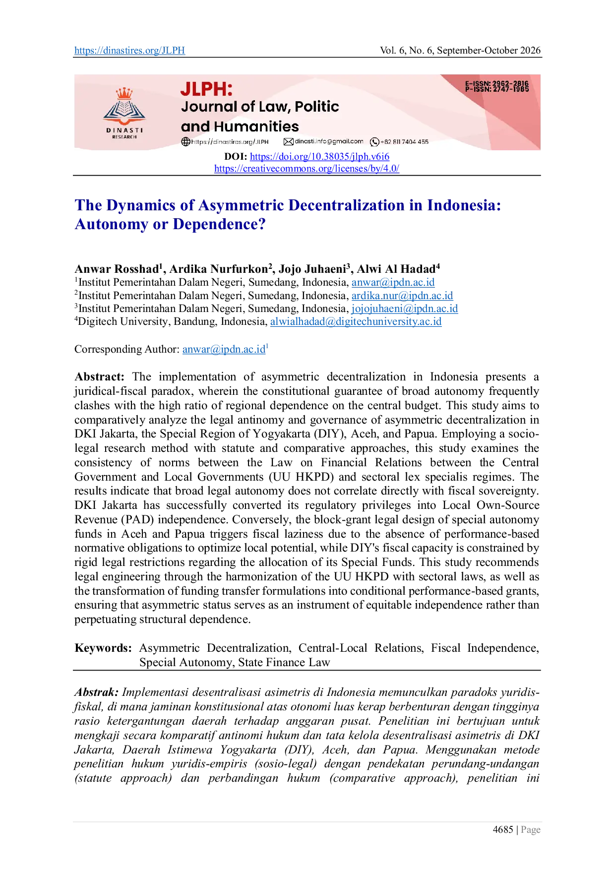 JURIS The Dynamics of Asymmetric Decentralization in Indonesia Autonomy or Dependence