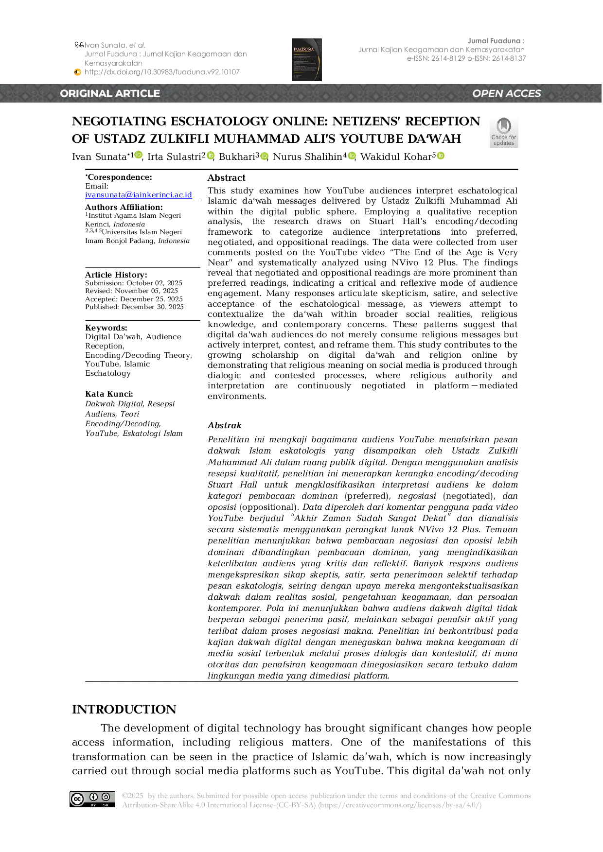JURIS Negotiating Eschatology Online Netizens Reception of Ustadz Zulkifli Muhammad Ali s Youtube Da wah