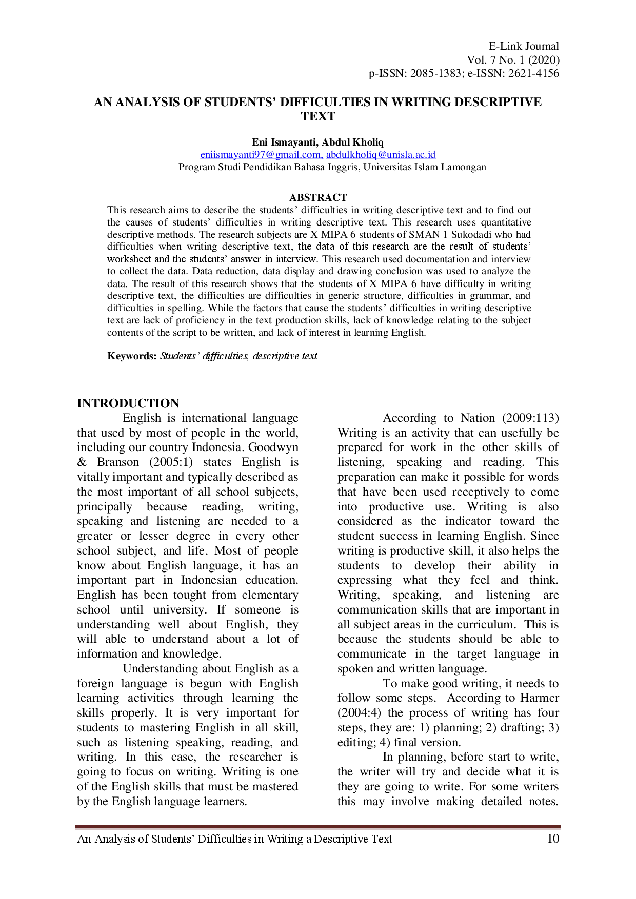 juris An Analysis Of Students Difficulties In Writing Descriptive Text