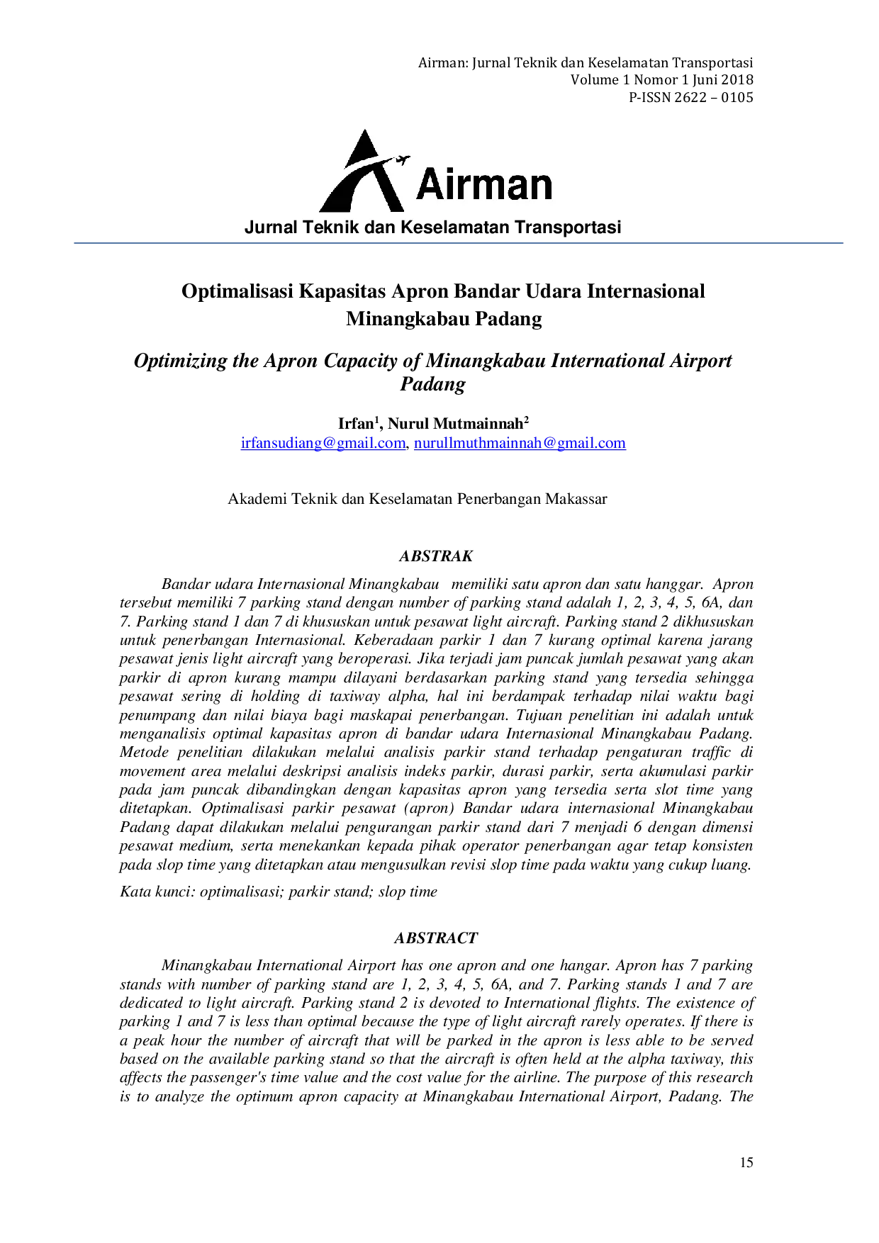 JURIS Optimalisasi Kapasitas Apron Bandar Udara Internasional Minangkabau Padang