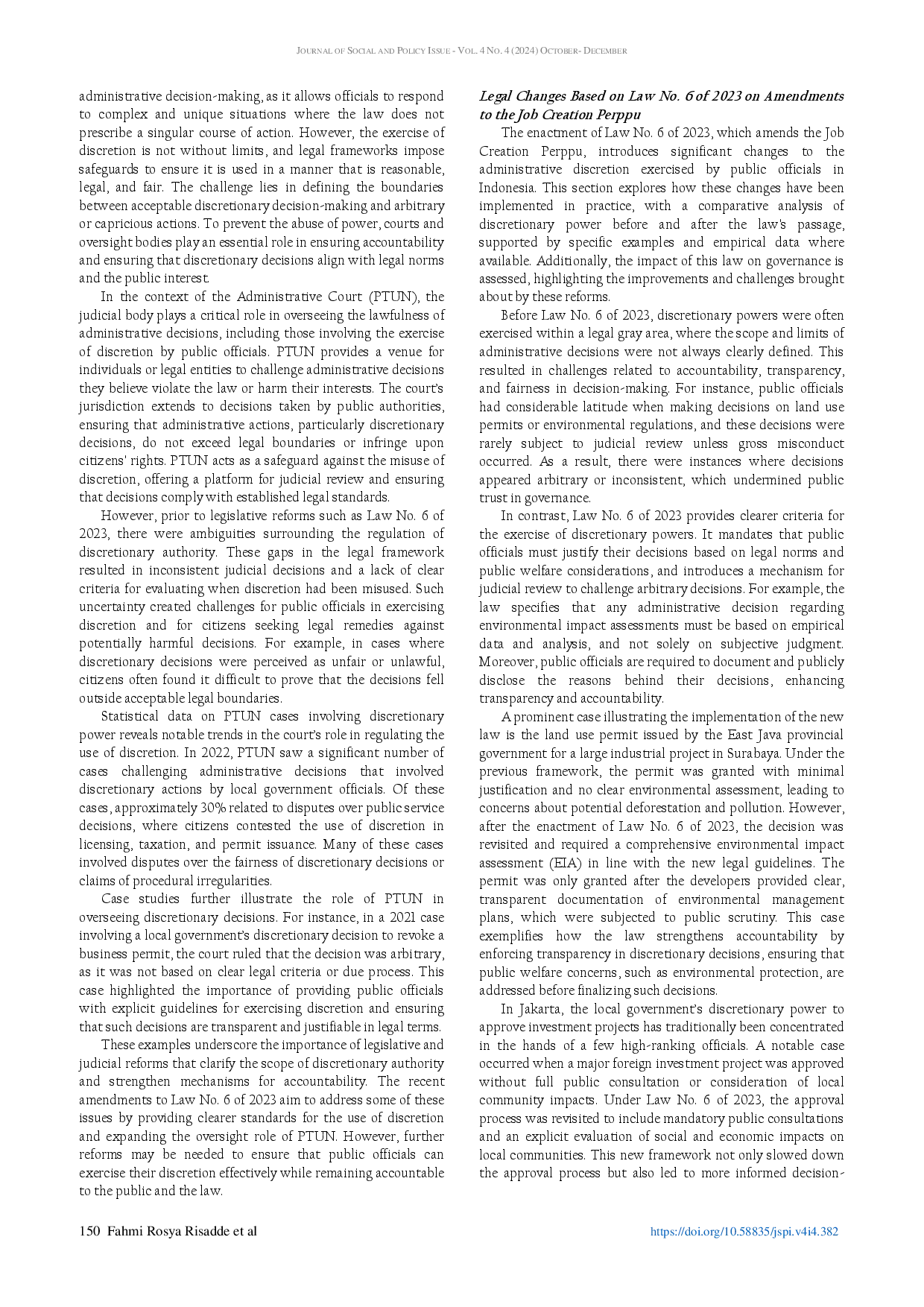 juris Connectivity of Discretionary Status in State Administrative Court Lawsuit Implications After Law Number 6 of 2023 on Amendments to the Job Creation PERPPU