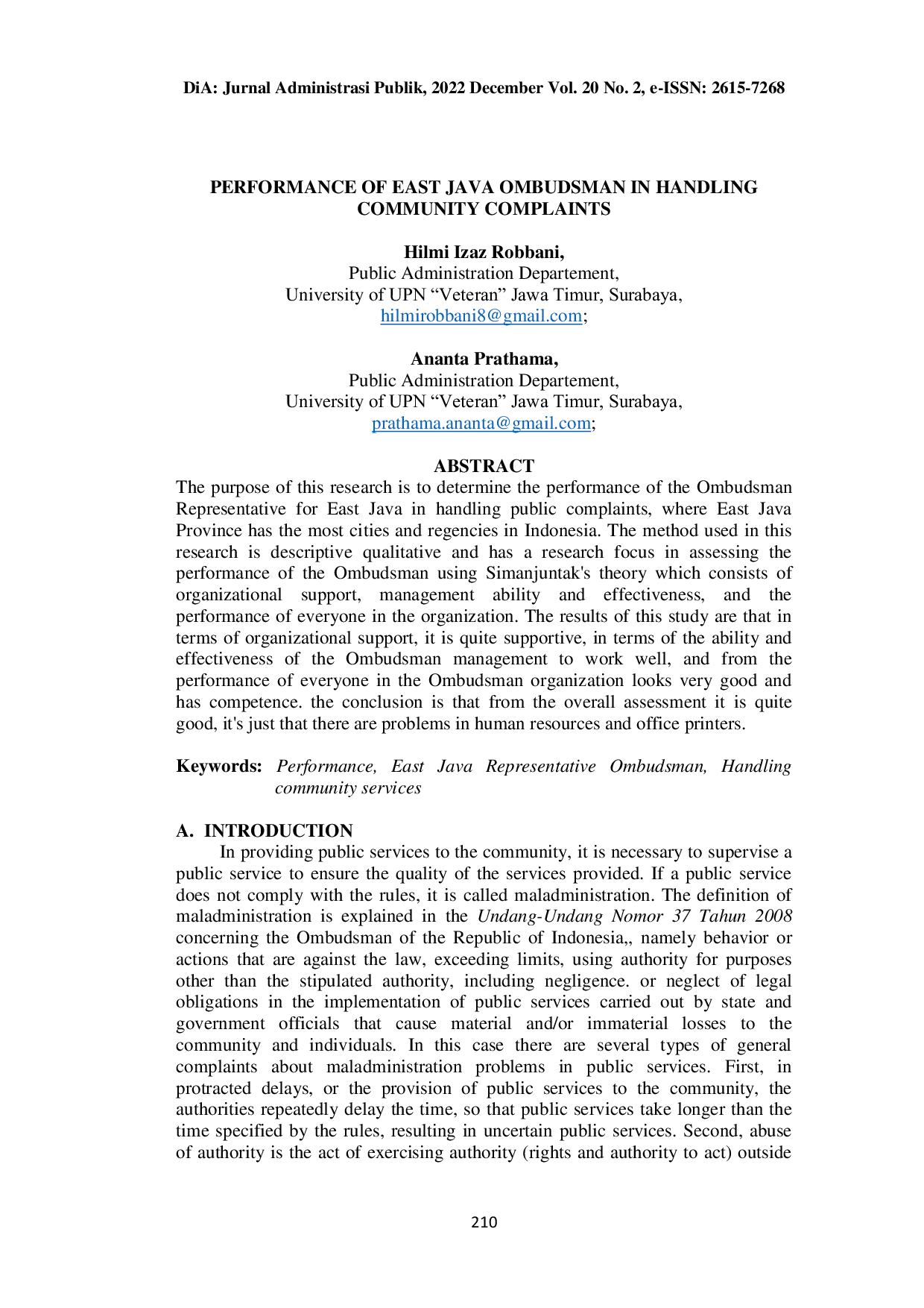 JURIS Performance of East Java Ombudsman in Handling Community Complaints