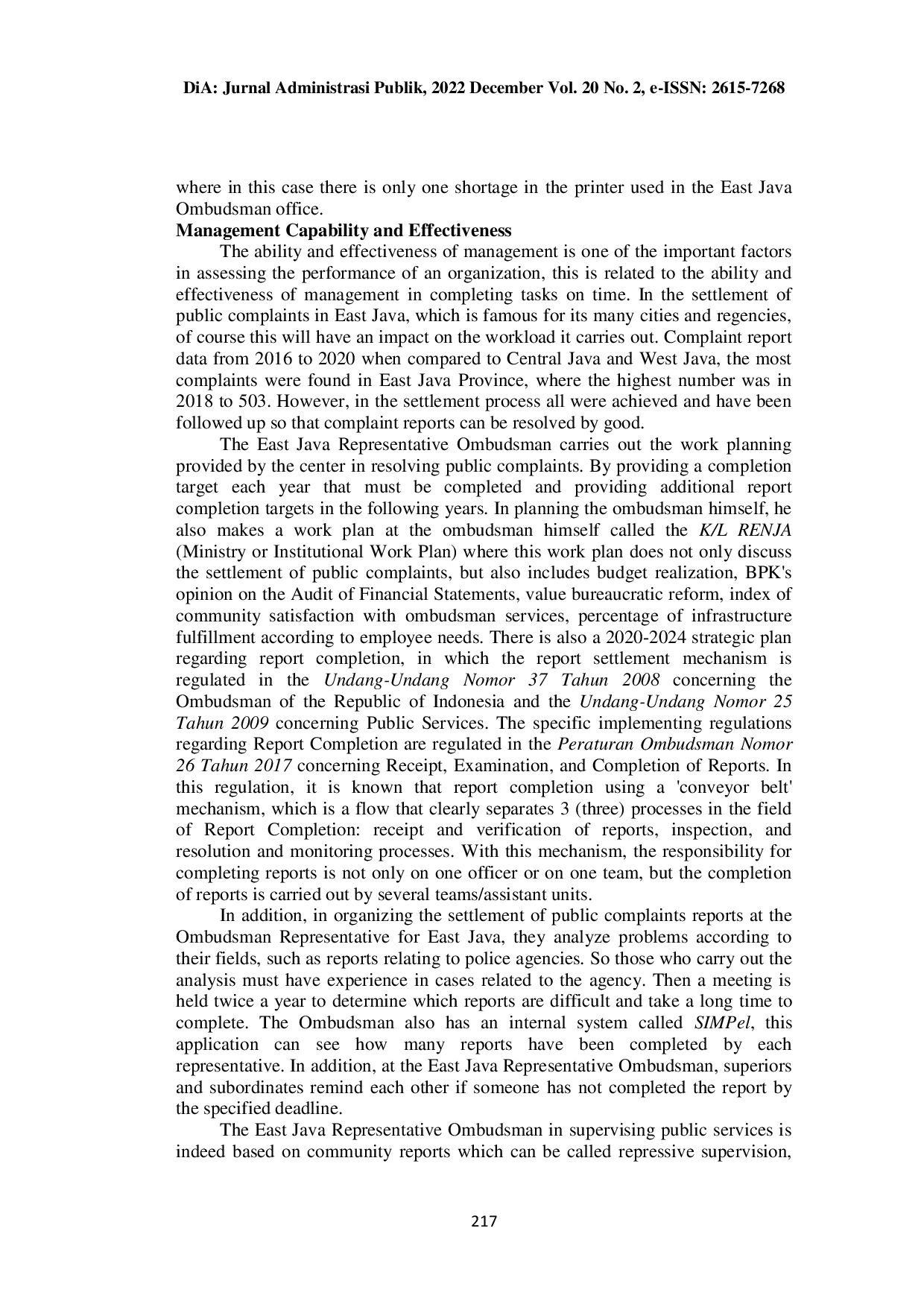 JURIS Performance of East Java Ombudsman in Handling Community Complaints