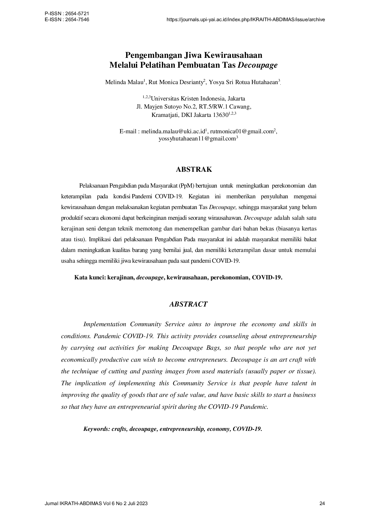 JURIS Pengembangan Jiwa Kewirausahaan Melalui Pelatihan Pembuatan Tas Decoupage