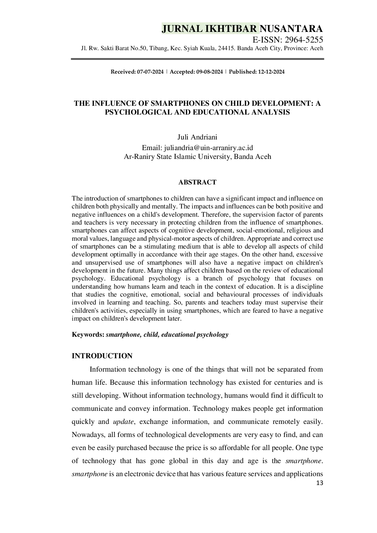 JURIS The Influence of Smartphones on Child Development A Psychological and Educational Analysis