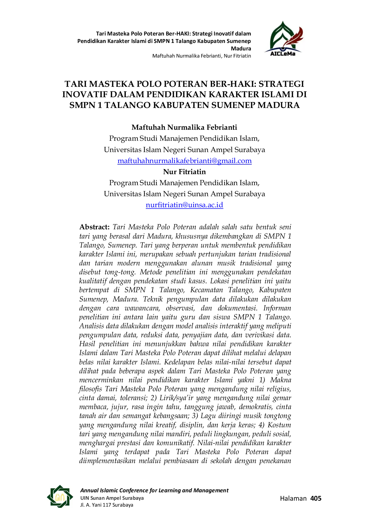 JURIS Tari Masteka Polo Poteran Ber HAKI Strategi Inovatif dalam Pendidikan Karakter Islami di SMPN 1 Talango Kabupaten Sumenep Madura