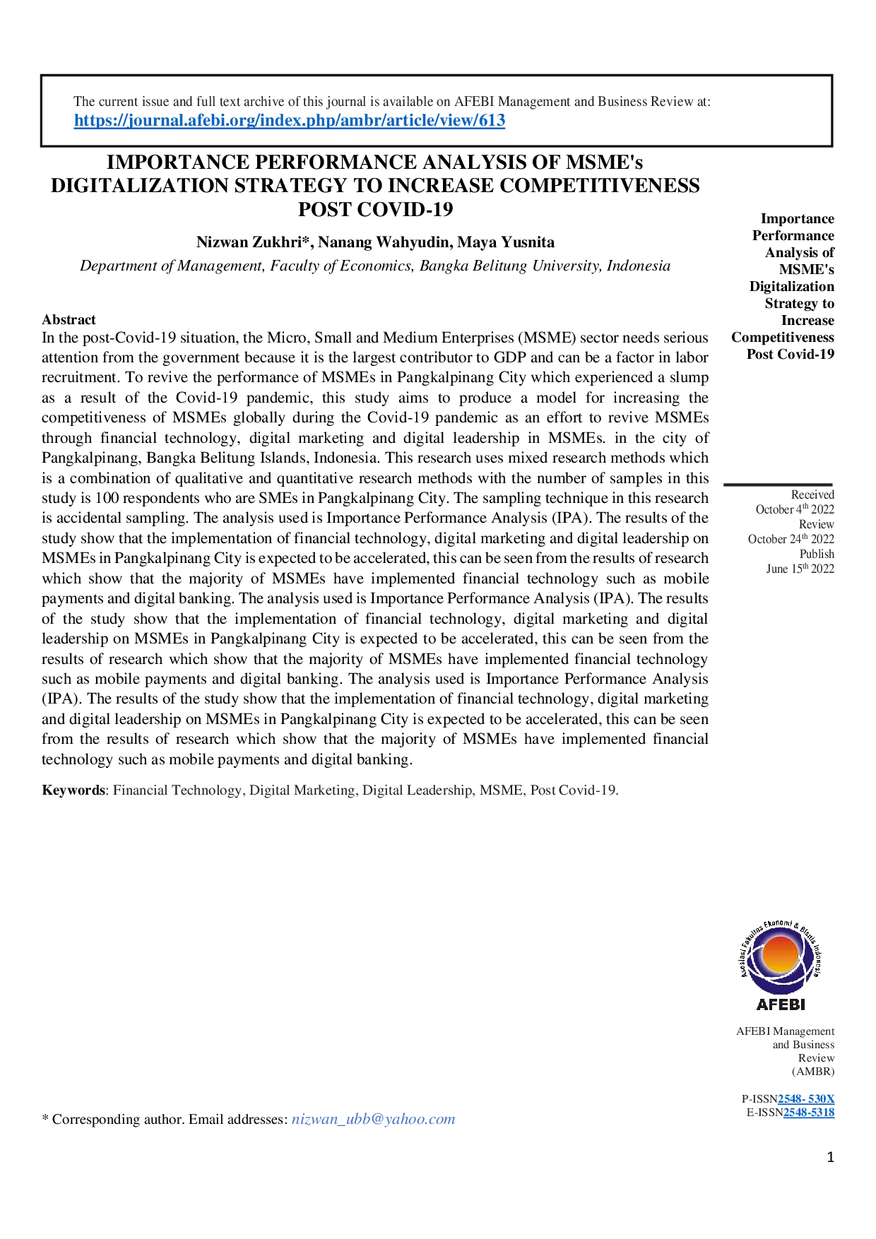 juris Importance Performance Analysis of MSME s Digitalization Strategy to Increase Competitiveness Post COVID 19