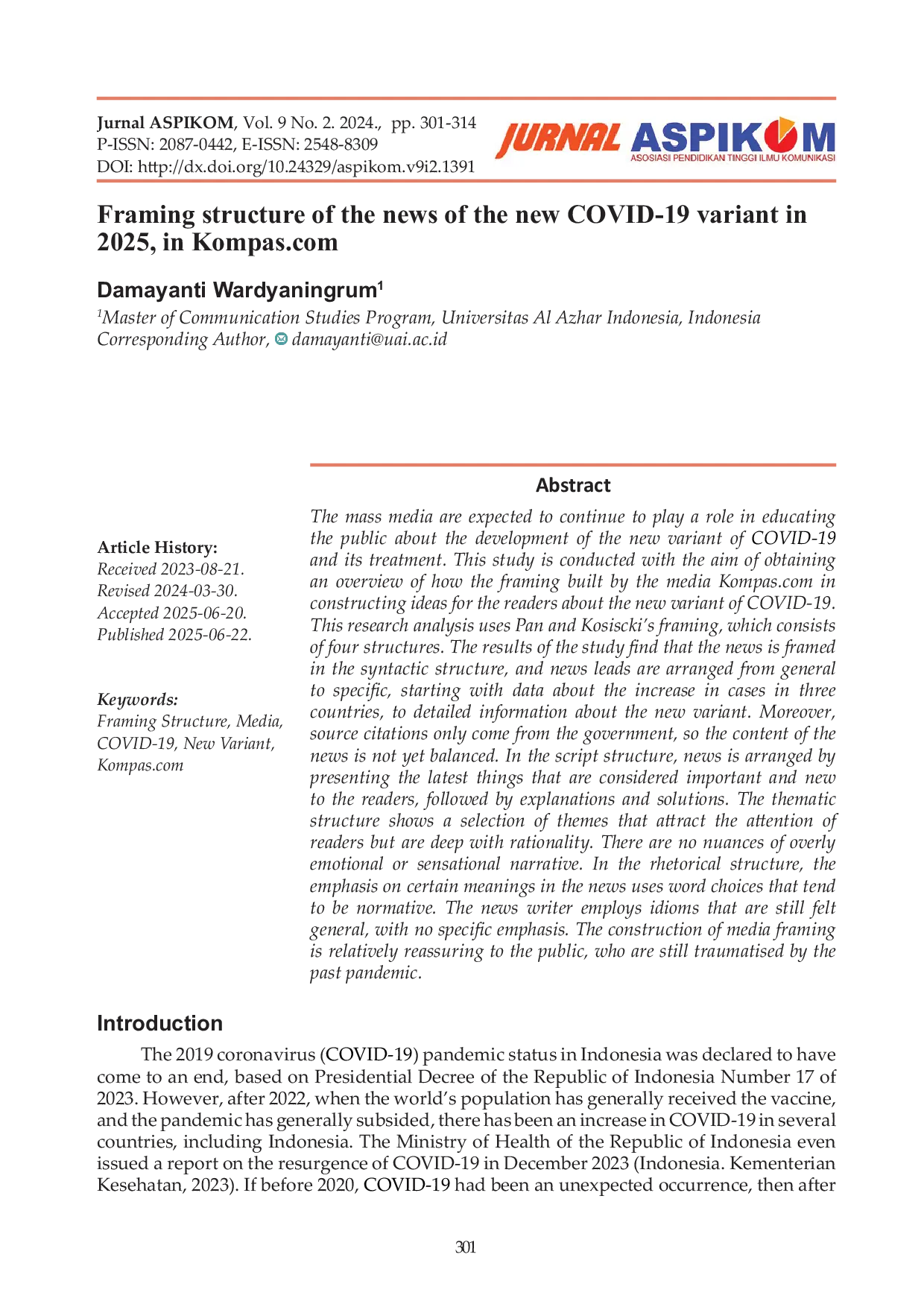 JURIS Framing structure of the news of the new COVID 19 variant in 2025 in Kompas