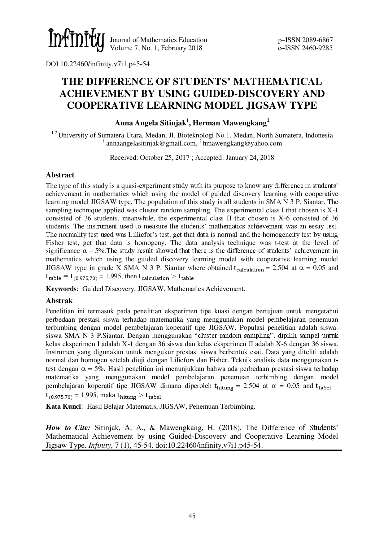 juris The Difference Of Students Mathematical Achievement By Using Guided Discovery And Cooperative Learning Model Jigsaw Type