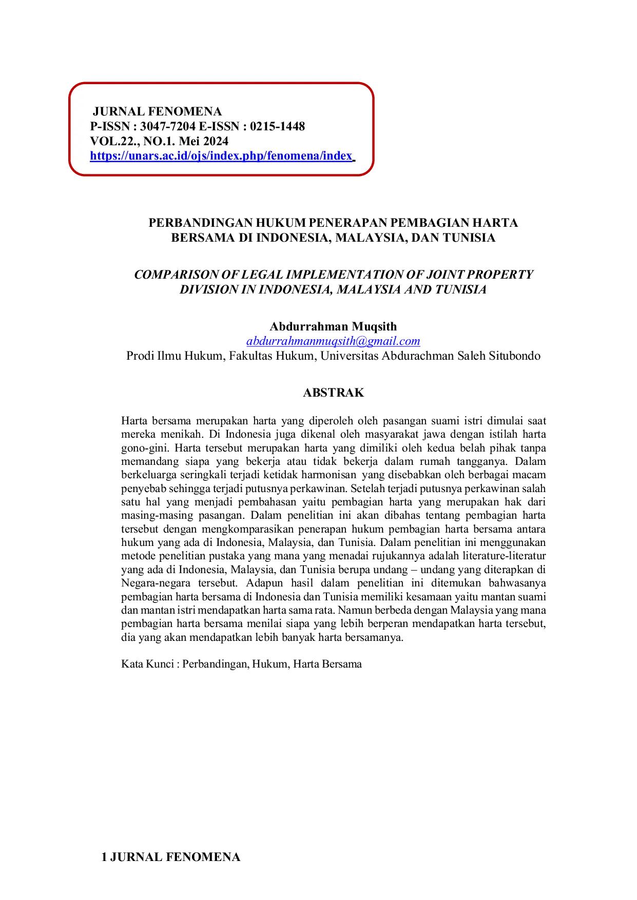 JURIS Perbandingan Hukum Penerapan Pembagian Harta Bersama di Indonesia Malaysia dan Tunisia
