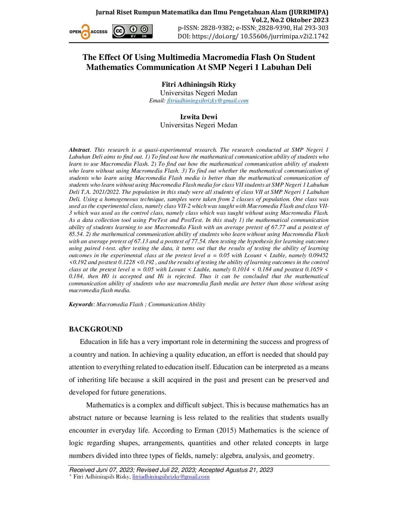 JURIS The Effect Of Using Multimedia Macromedia Flash On Student Mathematics Communication At SMP Negeri 1 Labuhan Deli
