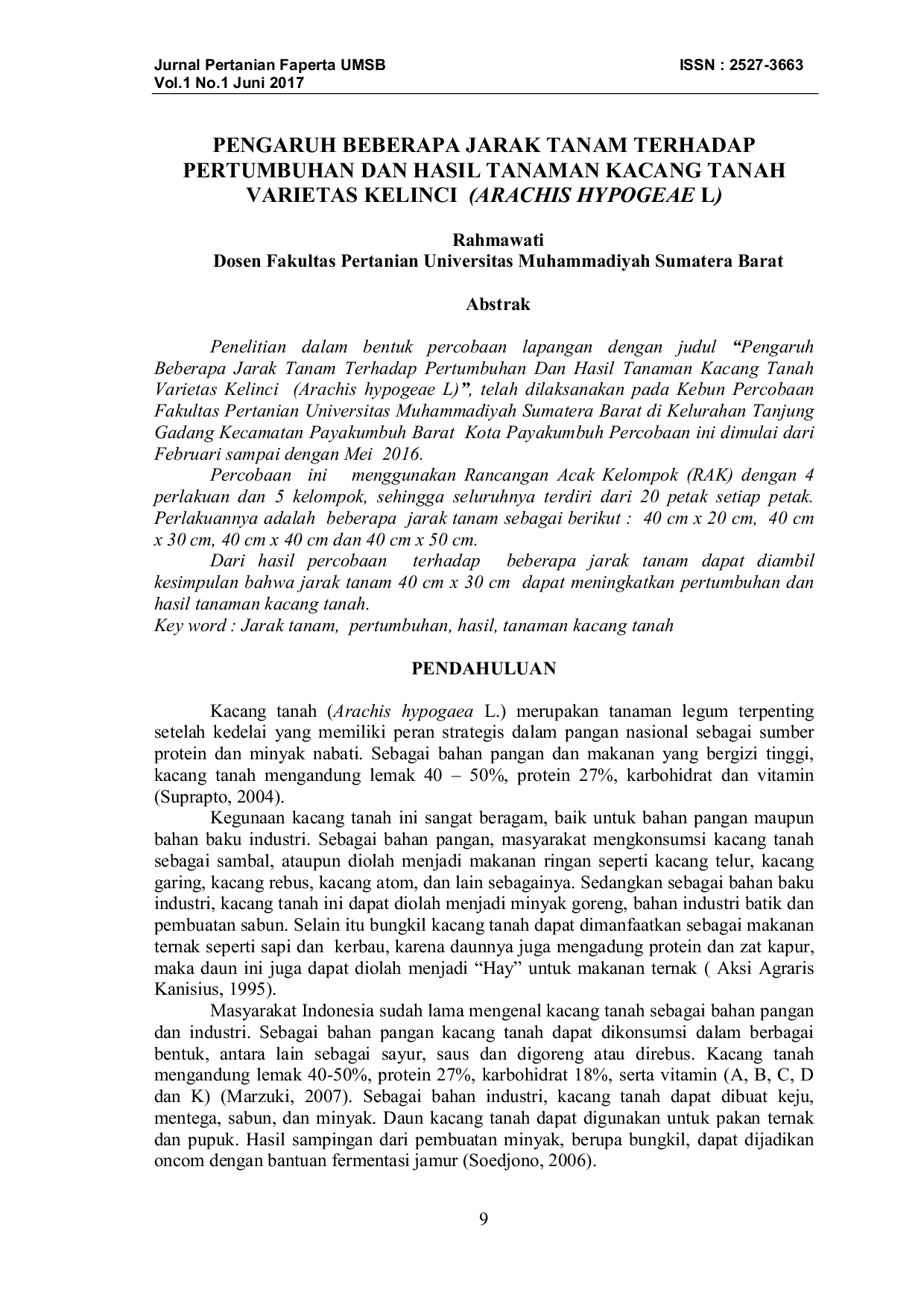 JURIS Pengaruh Beberapa Jarak Tanam Terhadap Pertumbuhan Dan Hasil Tanaman Kacang Tanah Varietas Kelinci Arachis Hypogeae L