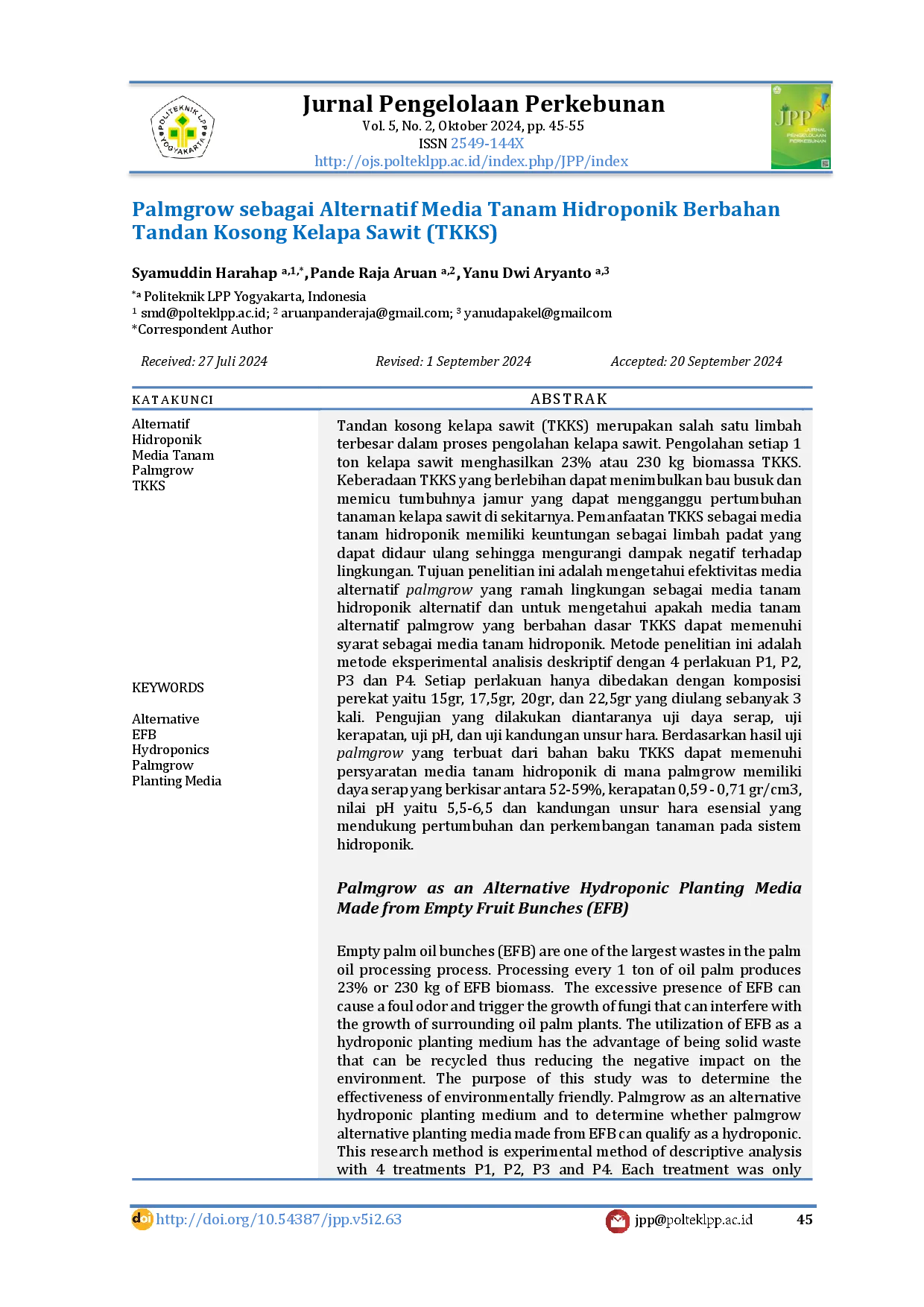 juris Palmgrow sebagai Alternatif Media Tanam Hidroponik Berbahan Tandan Kosong Kelapa Sawit TKKS