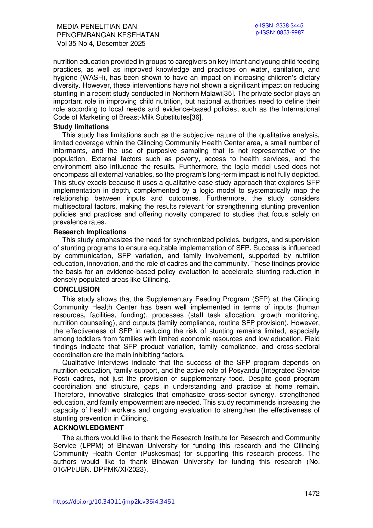 JURIS Evaluation of the Implementation of the Supplementary Feeding Program SFP on the Risk of Stunting Incidence in Toddlers A Qualitative Study
