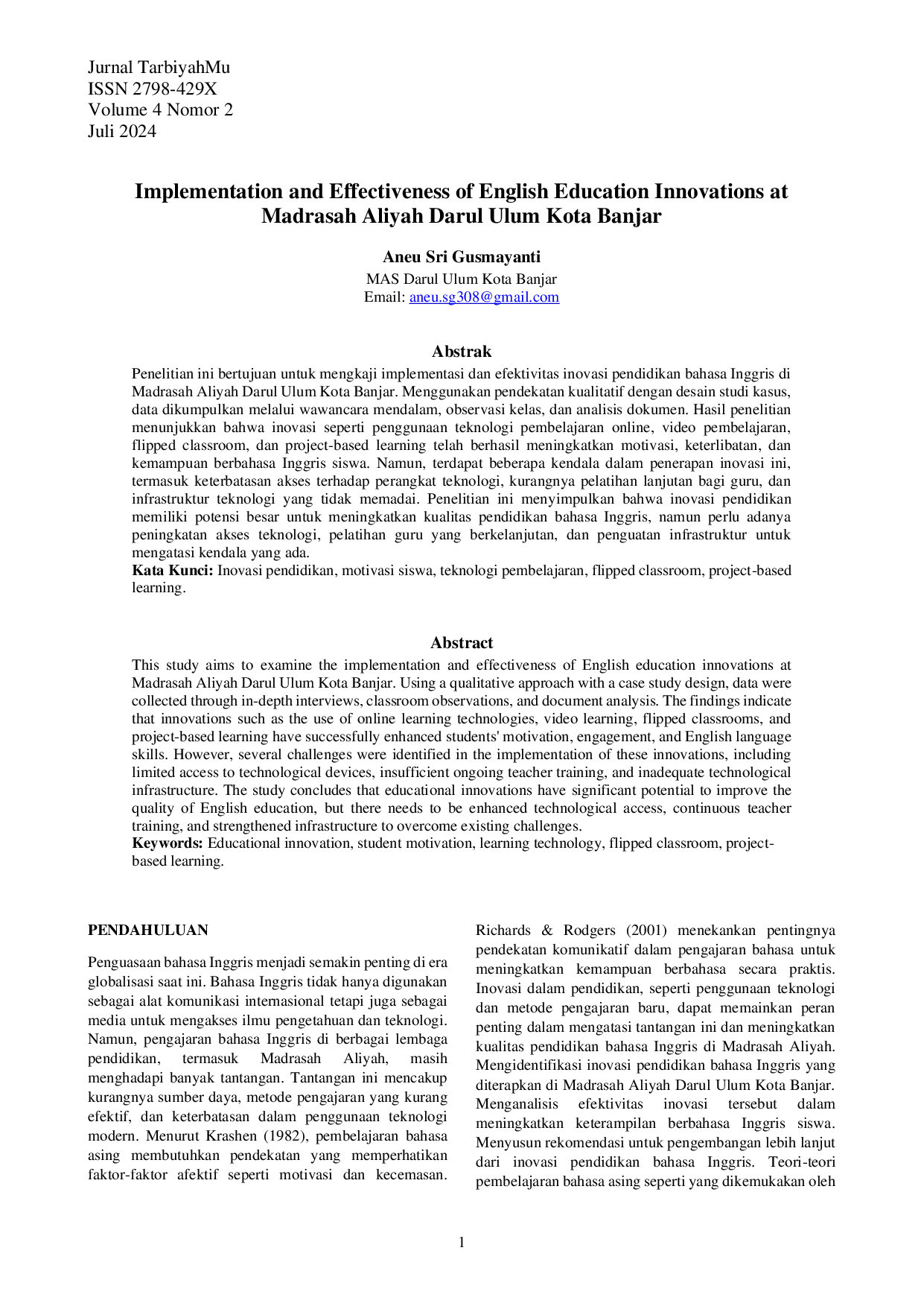 JURIS Implementation and Effectiveness of English Education Innovations at Madrasah Aliyah Darul Ulum Kota Banjar