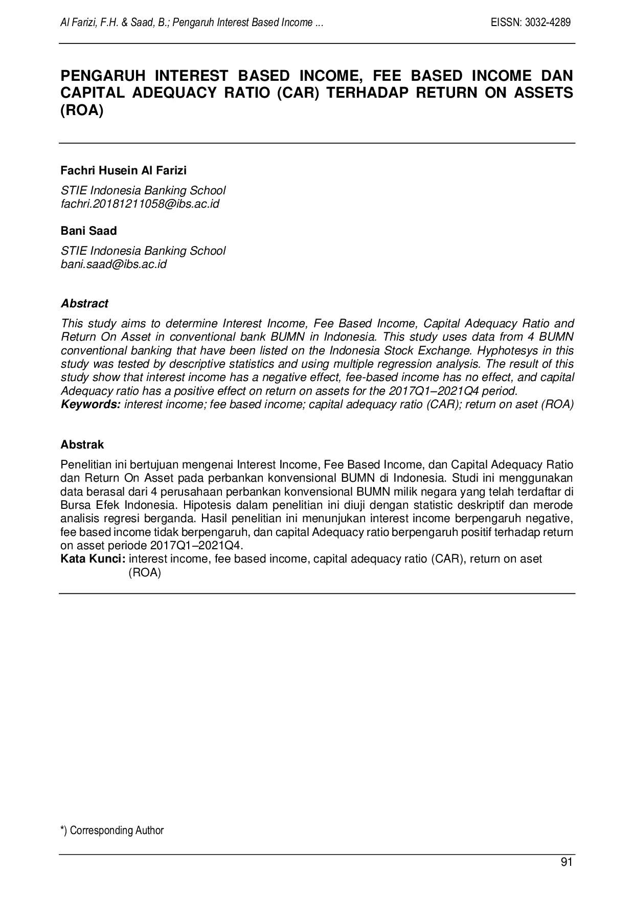 JURIS Pengaruh Interest Based Income Fee Based Income dan Capital Adequacy Ratio CAR Terhadap Return On Assets ROA