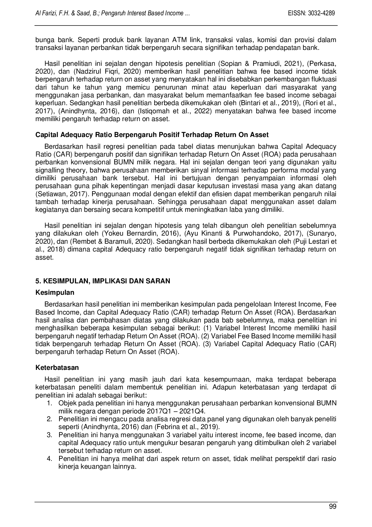 JURIS Pengaruh Interest Based Income Fee Based Income dan Capital Adequacy Ratio CAR Terhadap Return On Assets ROA