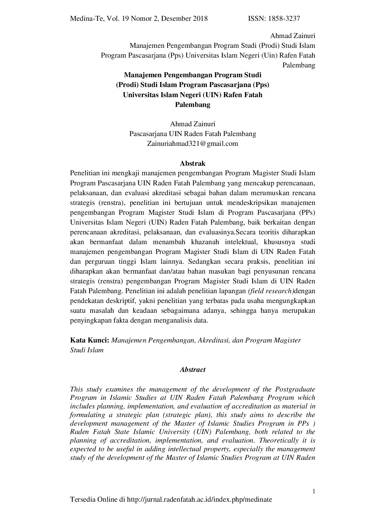 JURIS Manajemen Pengembangan Program Studi Prodi Studi Islam Program Pascasarjana Pps Universitas Islam Negeri UIN Rafen Fatah Palembang