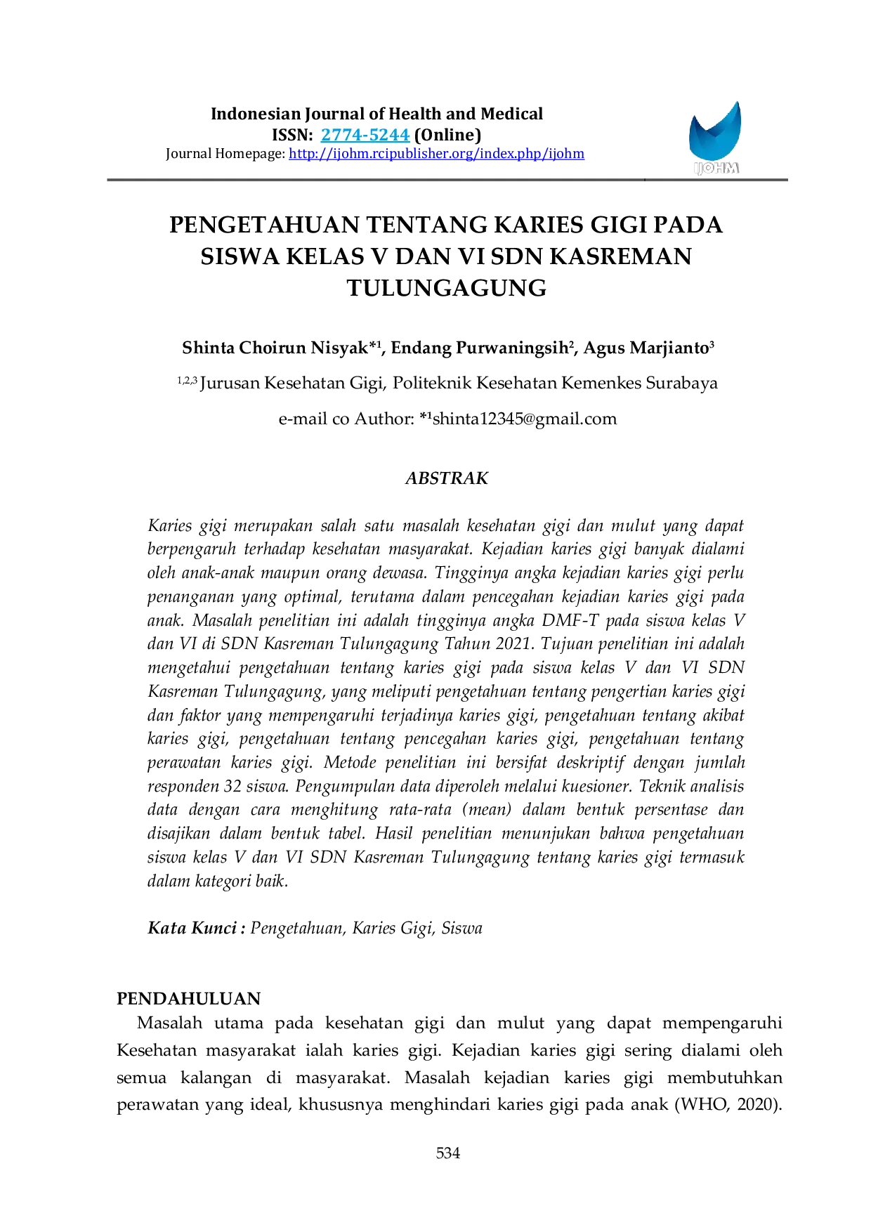 JURIS Pengetahuan Tentang Karies Gigi Pada Siswa Kelas V Dan VI SDN Kasreman Tulungagung