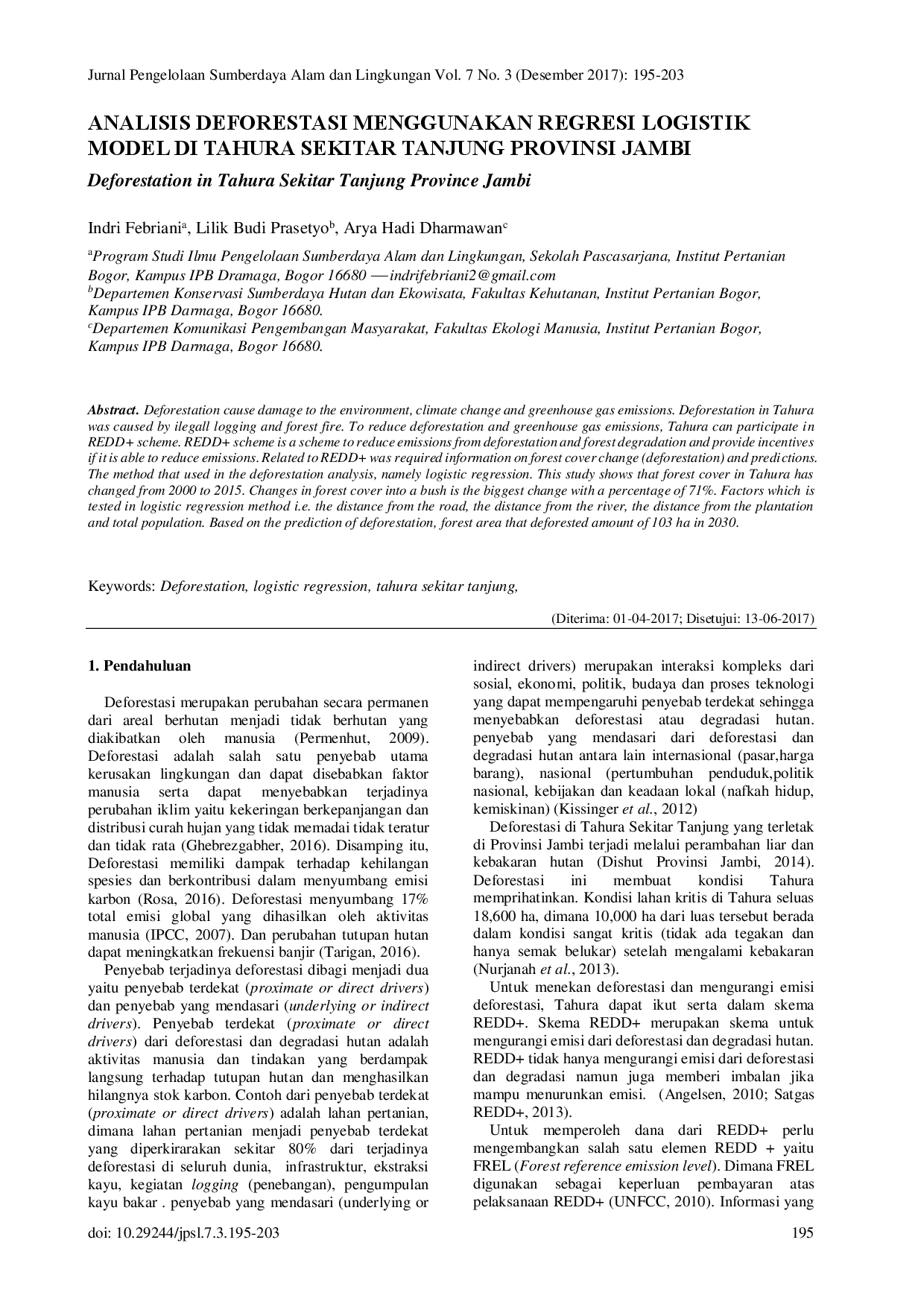 juris Analisis Deforestasi Menggunakan Regresi Logistik Model Di Tahura Sekitar Tanjung Provinsi Jambi