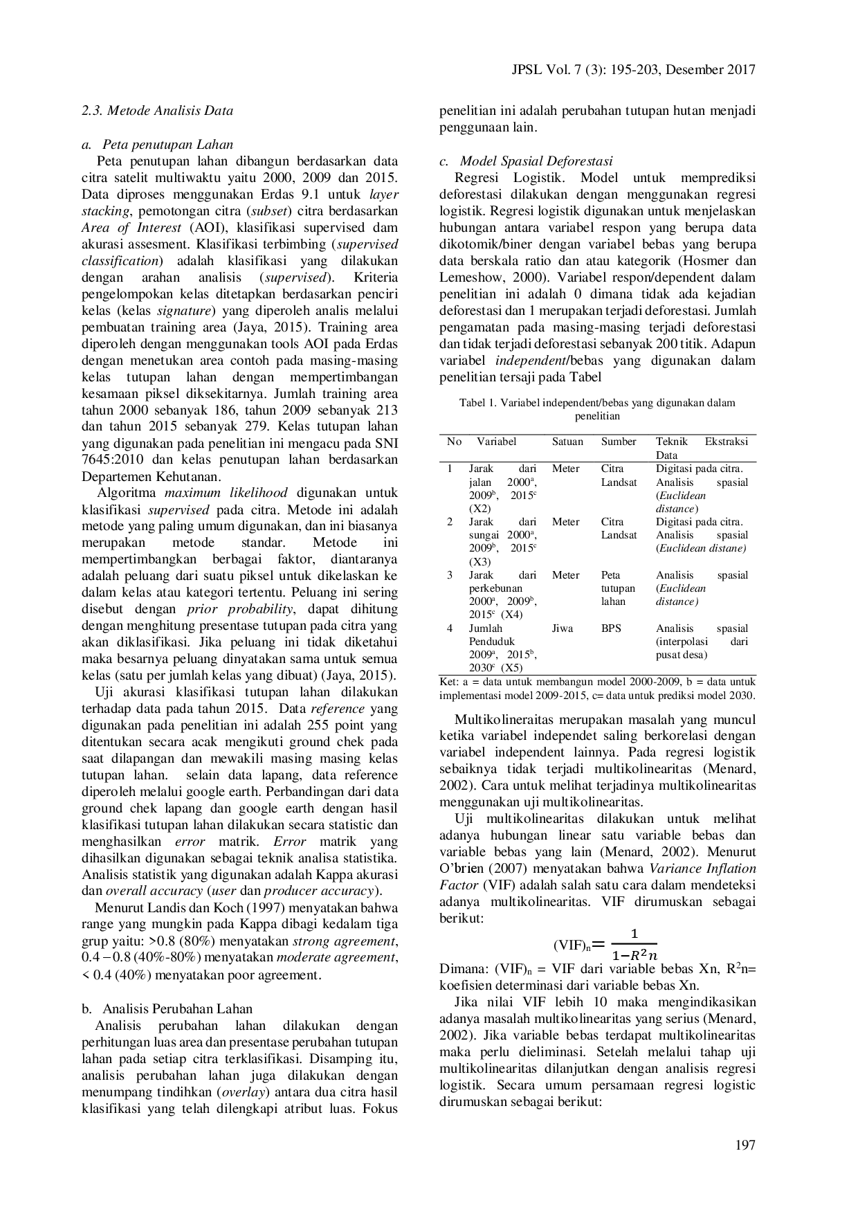 juris Analisis Deforestasi Menggunakan Regresi Logistik Model Di Tahura Sekitar Tanjung Provinsi Jambi