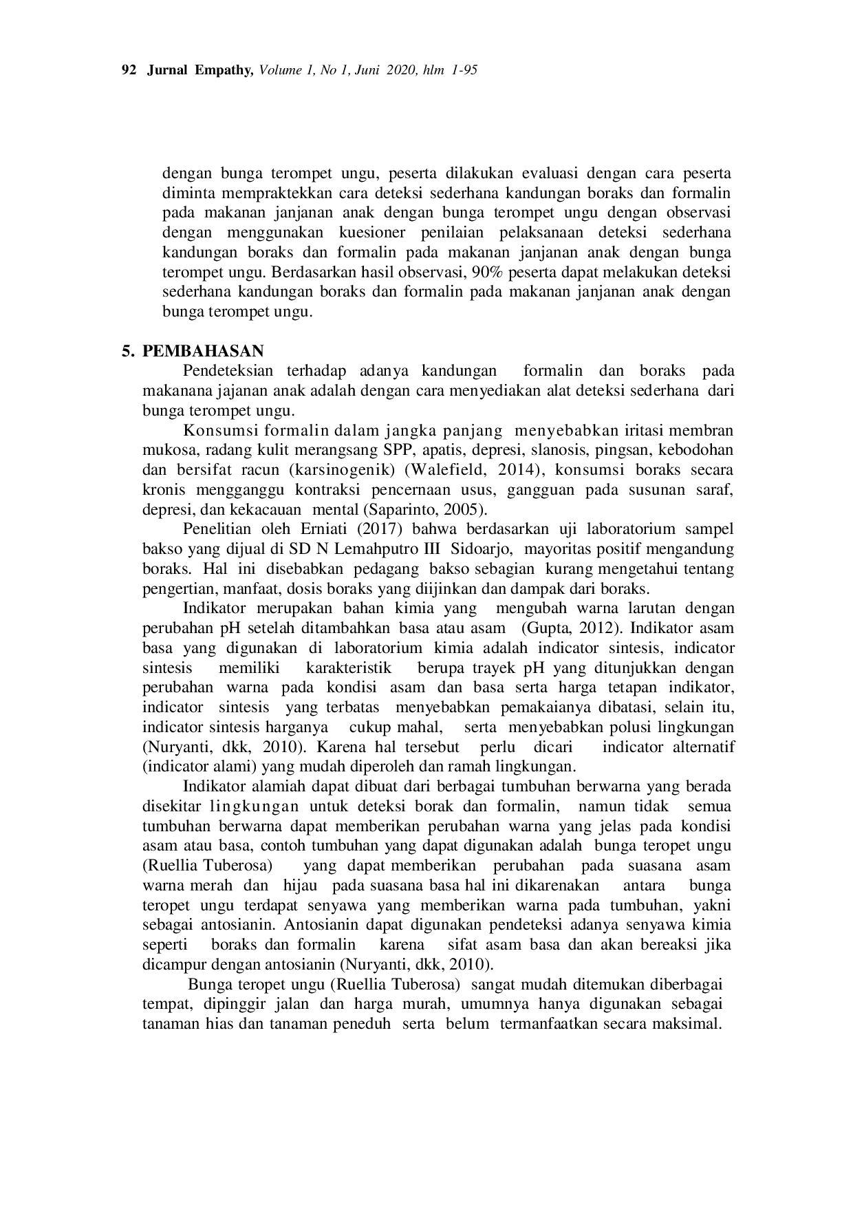 JURIS Deteksi Sederhana Boraks dan Formalin pada Makanan Jajanan Anak dengan Bunga Terompet Ungu Ruellia Tuberosa