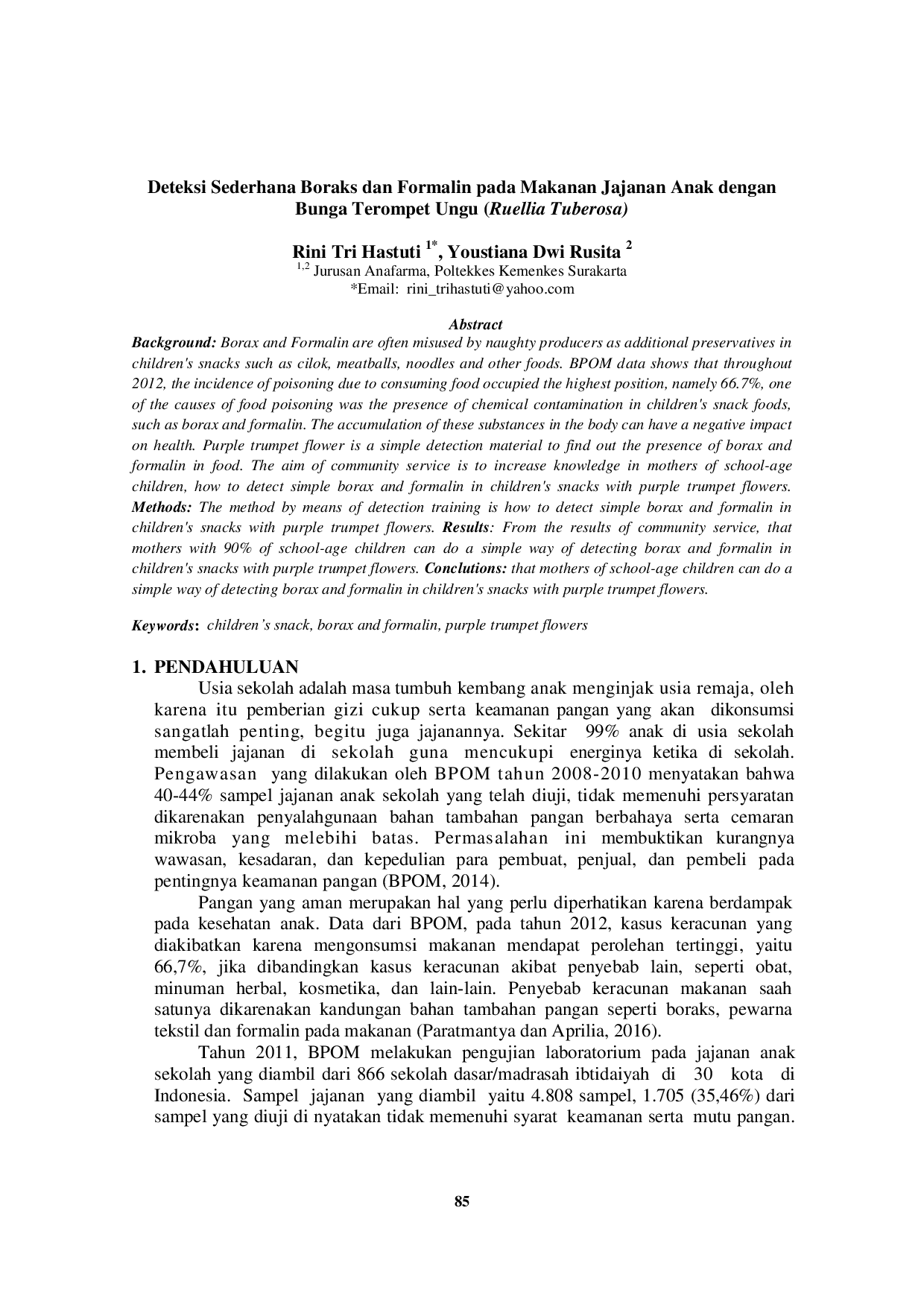 JURIS Deteksi Sederhana Boraks dan Formalin pada Makanan Jajanan Anak dengan Bunga Terompet Ungu Ruellia Tuberosa