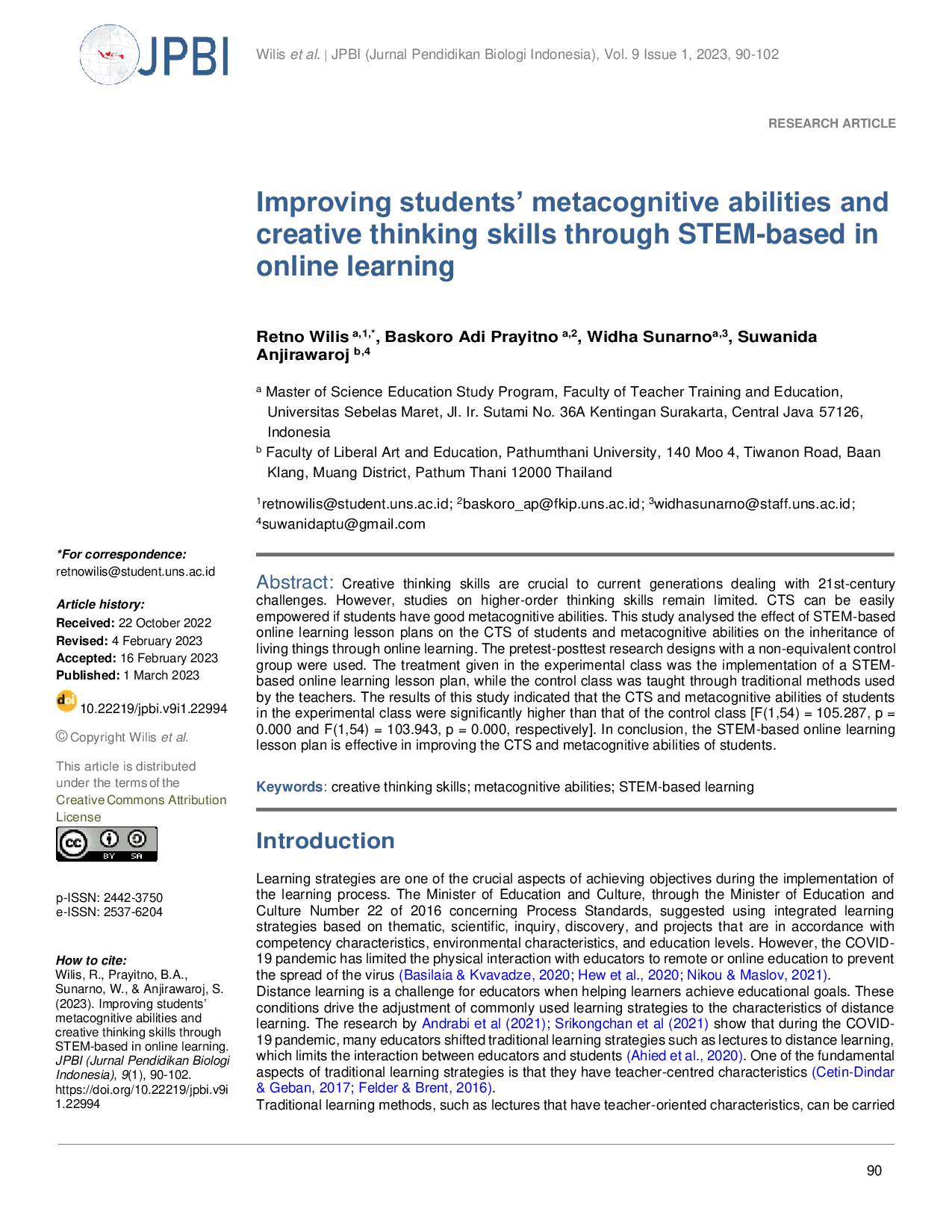 JURIS Improving students metacognitive abilities and creative thinking skills through STEM based in online learning