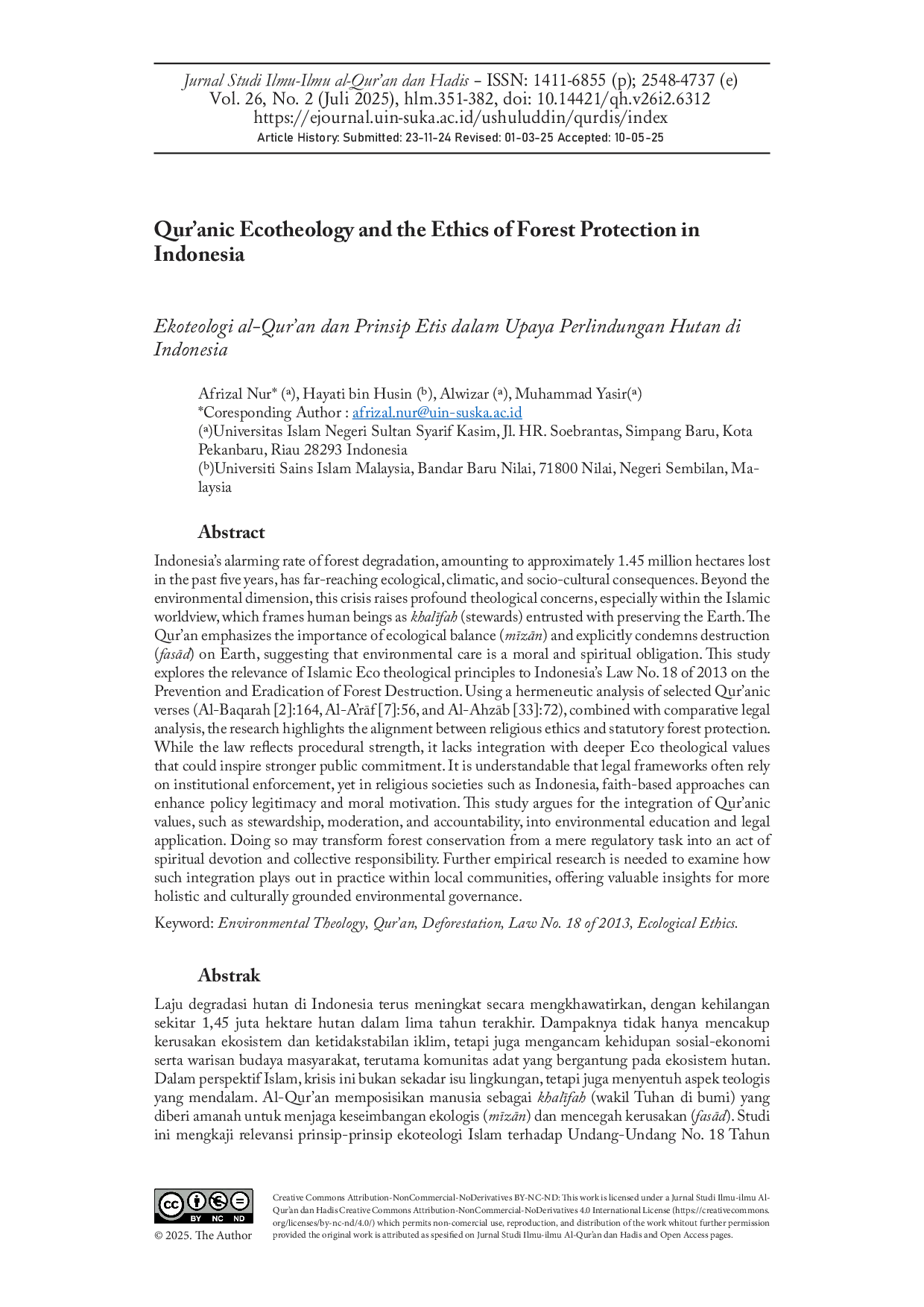 JURIS Qur anic Ecotheology and the Ethics of Forest Protection in Indonesia