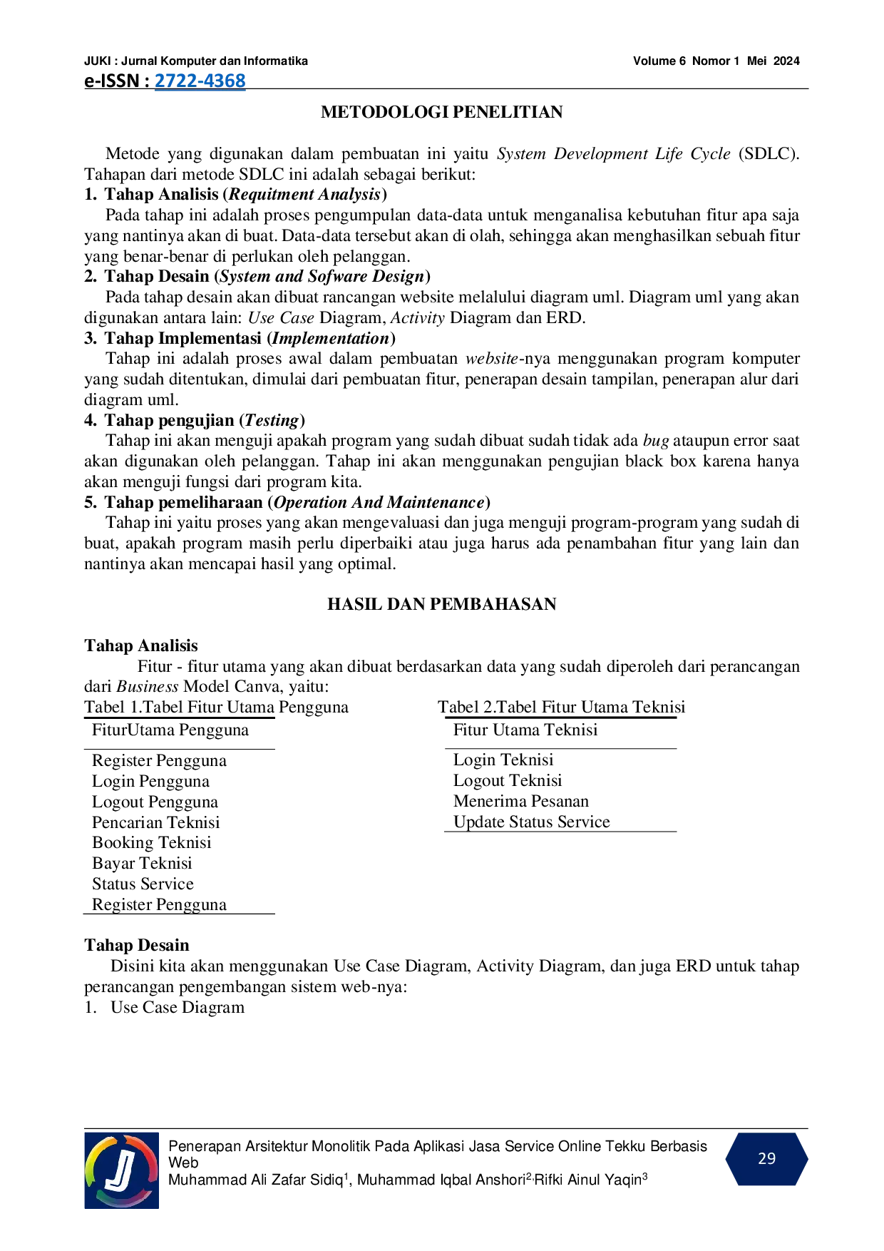 JURIS Penerapan Arsitektur Monolitik Pada Aplikasi Jasa Service Online Tekku Berbasis Web