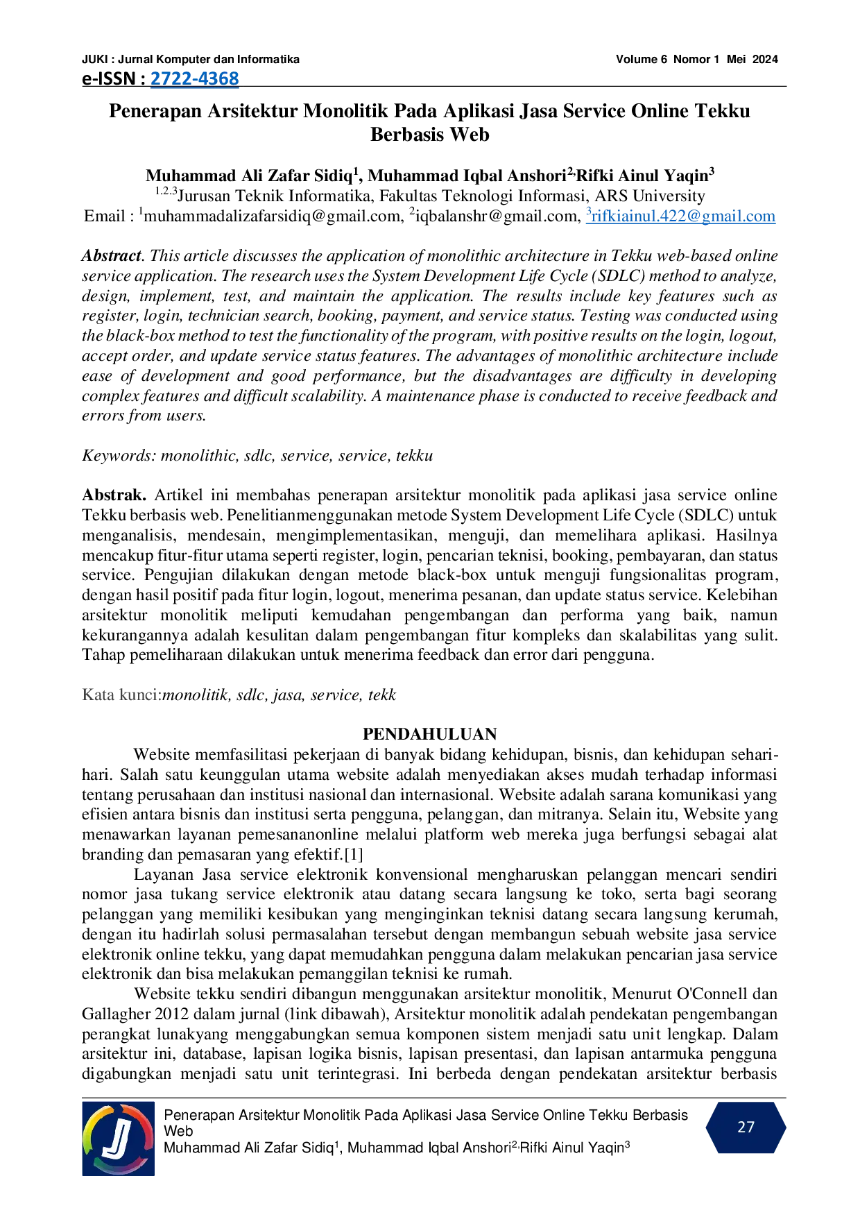 JURIS Penerapan Arsitektur Monolitik Pada Aplikasi Jasa Service Online Tekku Berbasis Web