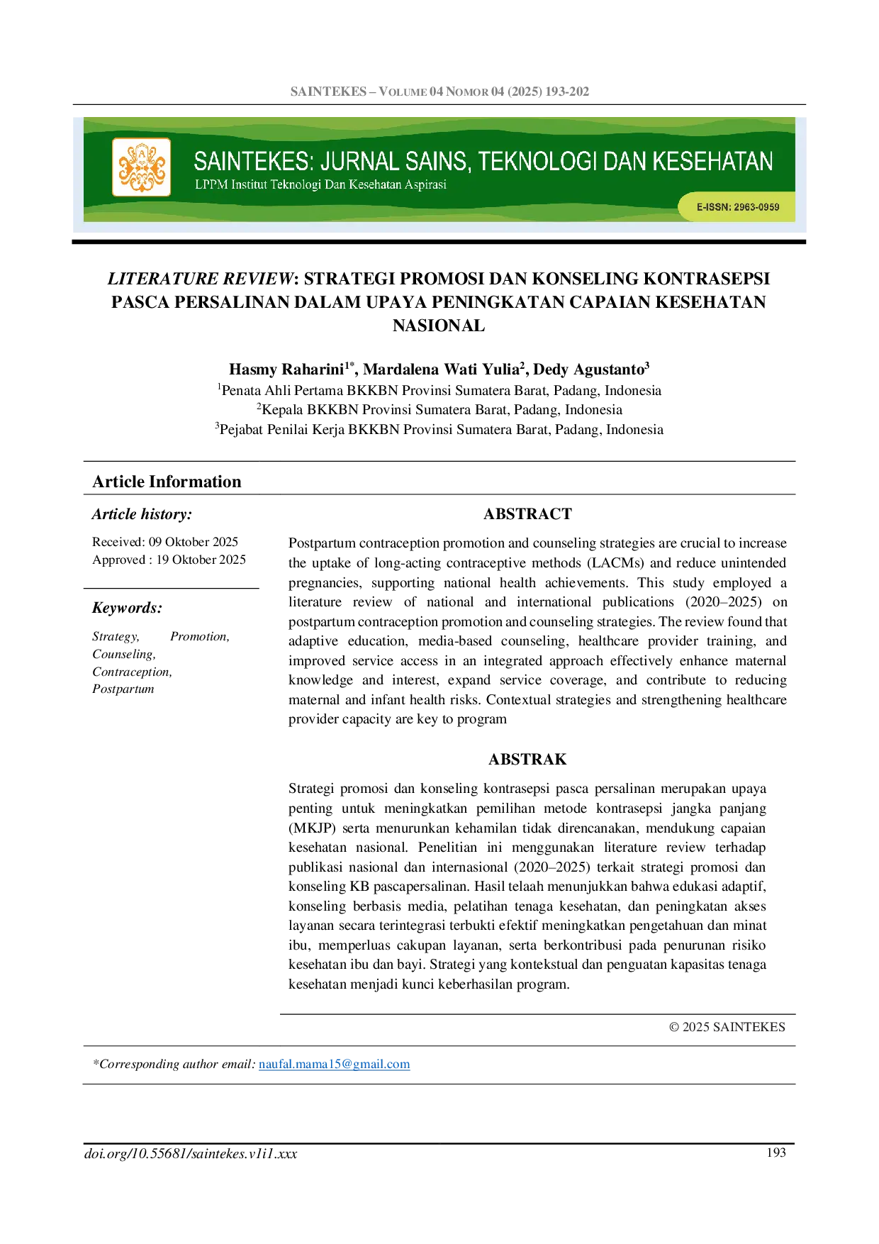 JURIS Strategi Promosi Dan Konseling Kontrasepsi Pasca Persalinan Dalam Upaya Peningkatan Capaian Kesehatan Nasional