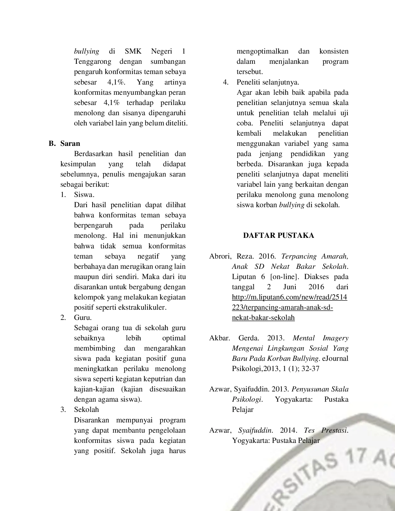 JURIS Pengaruh Konformitas Teman Sebaya Terhadap Perilaku Menolong Korban Bullying di SMK Negari 1 Tenggarong