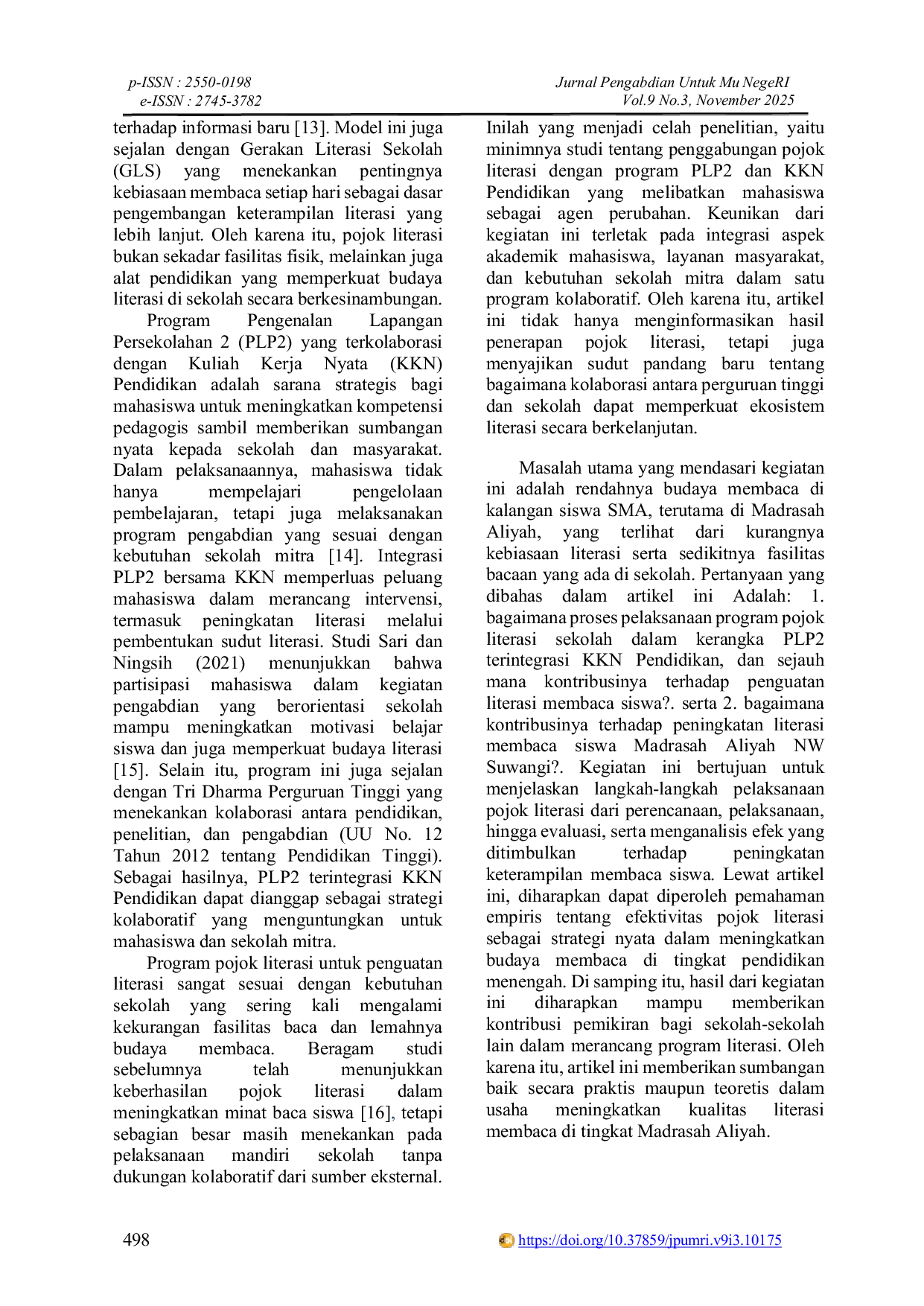 JURIS Penguatan Literasi Membaca melalui Program Pojok literasi Sekolah dalam PLP2 Terintegrasi KKN Pendidikan