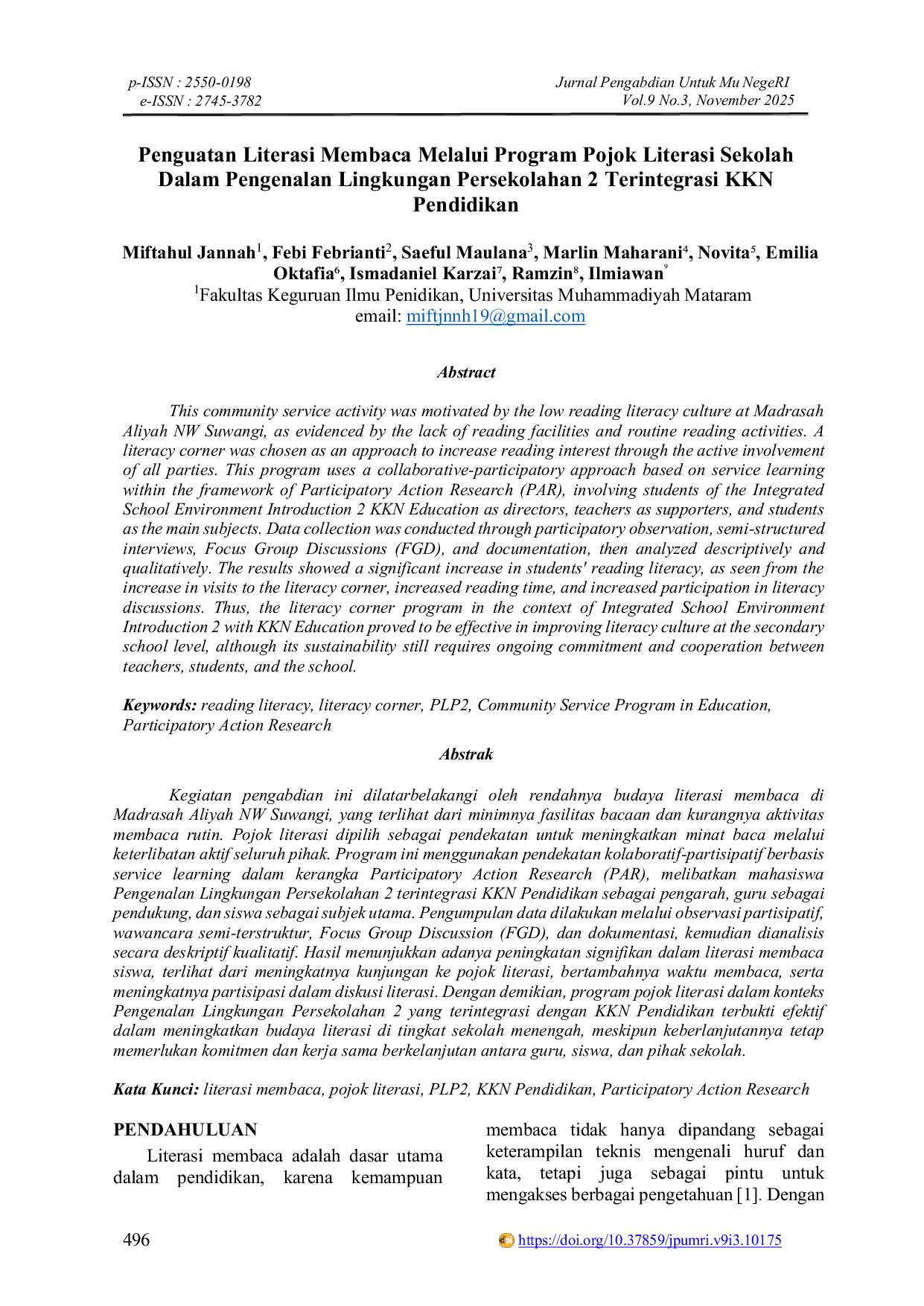 JURIS Penguatan Literasi Membaca melalui Program Pojok literasi Sekolah dalam PLP2 Terintegrasi KKN Pendidikan