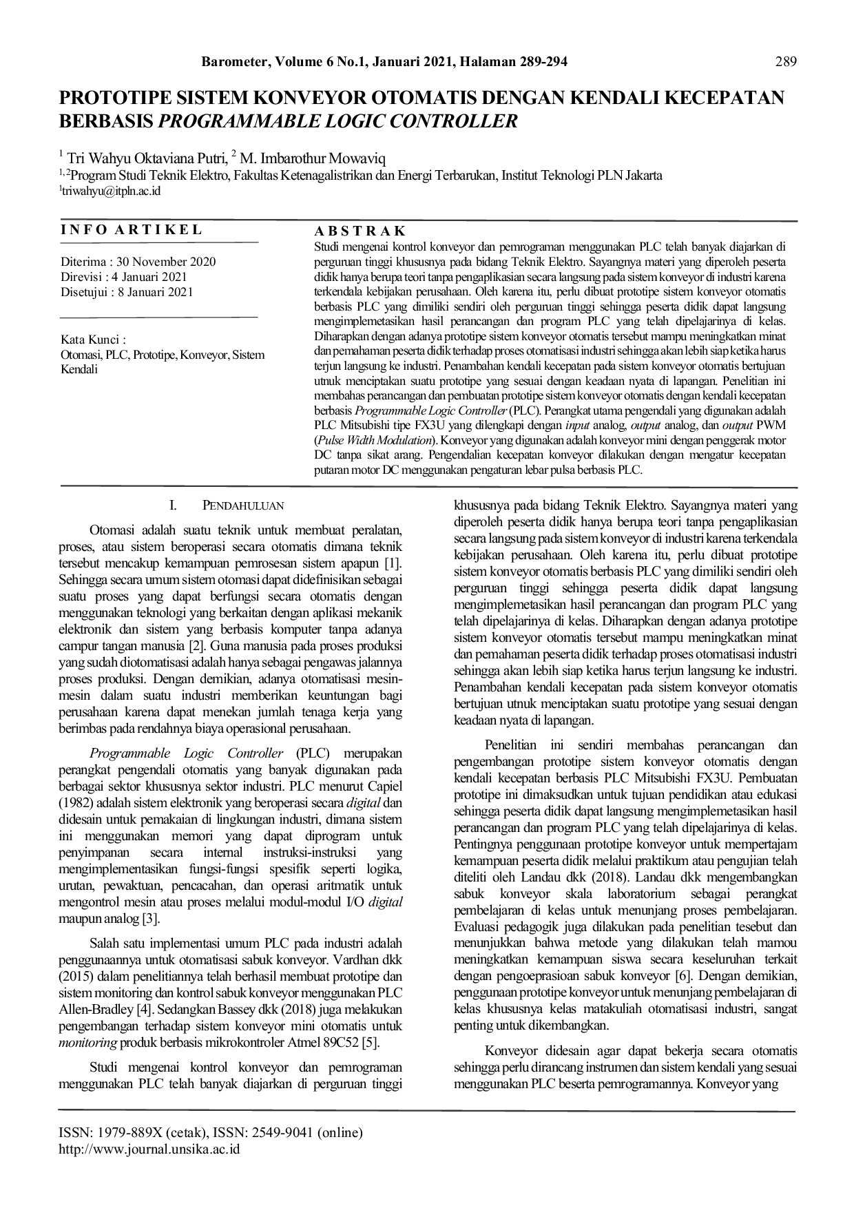 JURIS Prototipe Sistem Konveyor Otomatis dengan Kendali Kecepatan Berbasis Programmable Logic Controller