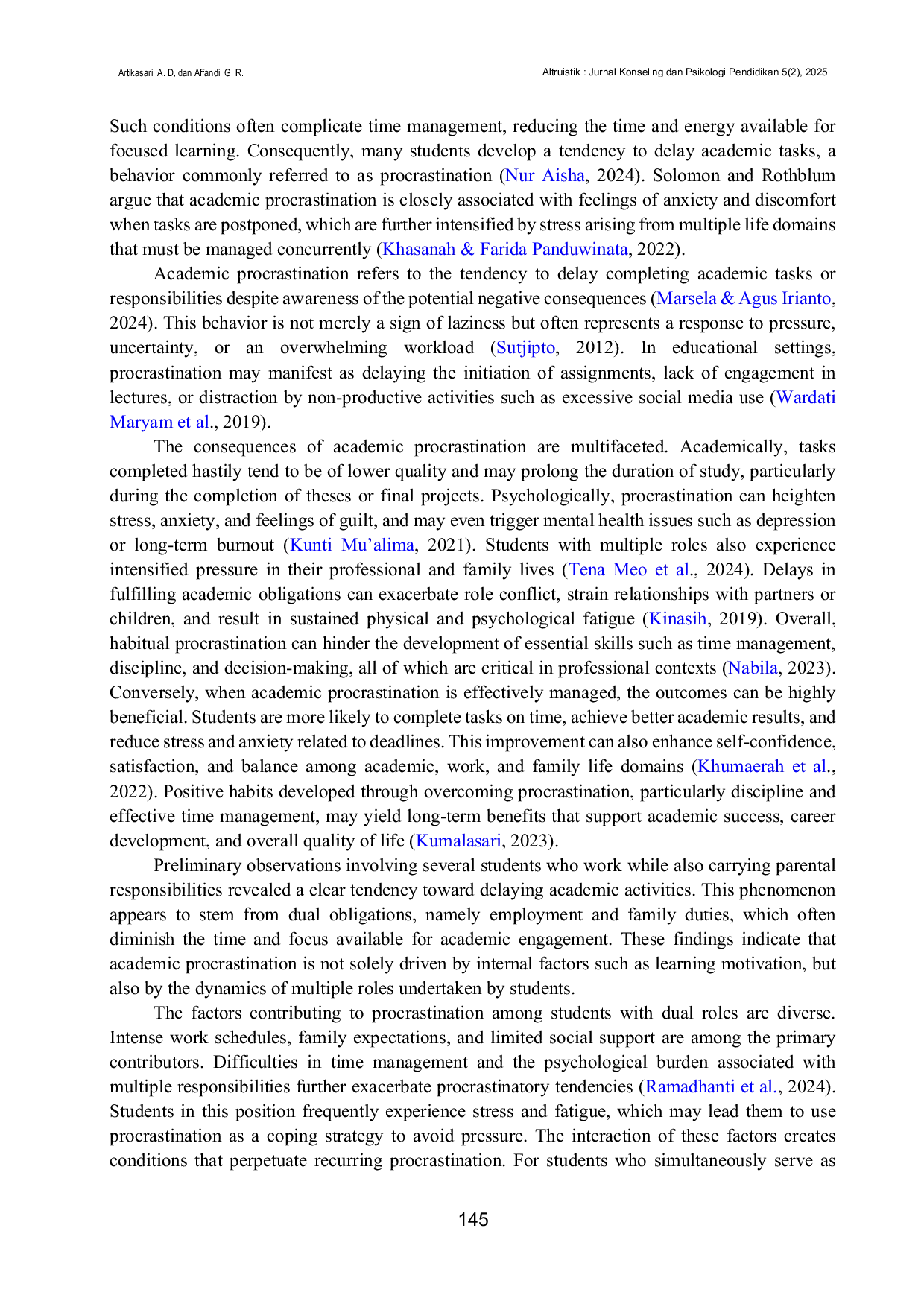JURIS Academic Procrastination among Students with Dual Roles as Workers and Parents