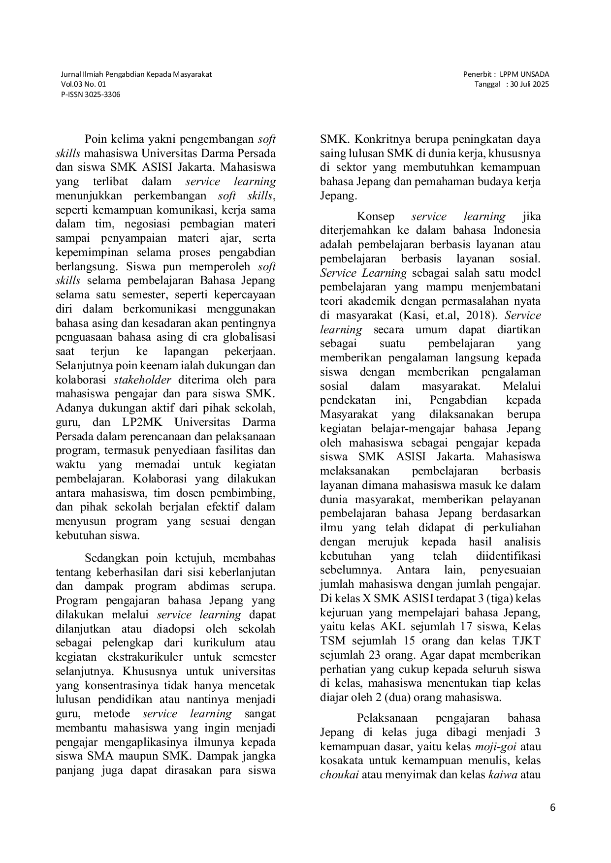 JURIS Pembelajaran Berbasis Layanan Service Learning pada Kelas Bahasa Jepang di Sekolah Menengah Kejuruan Praktik Mengajar oleh Mahasiswa