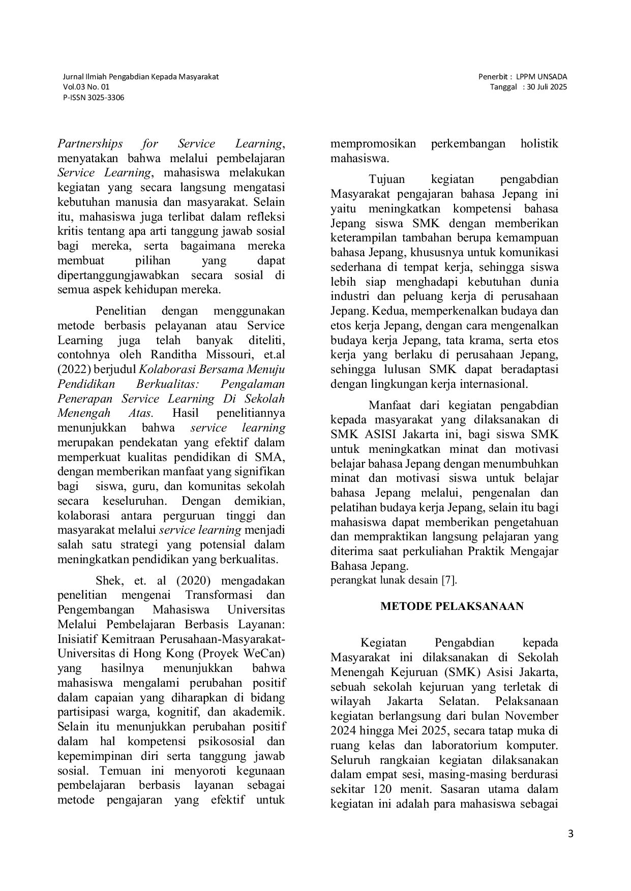 JURIS Pembelajaran Berbasis Layanan Service Learning pada Kelas Bahasa Jepang di Sekolah Menengah Kejuruan Praktik Mengajar oleh Mahasiswa