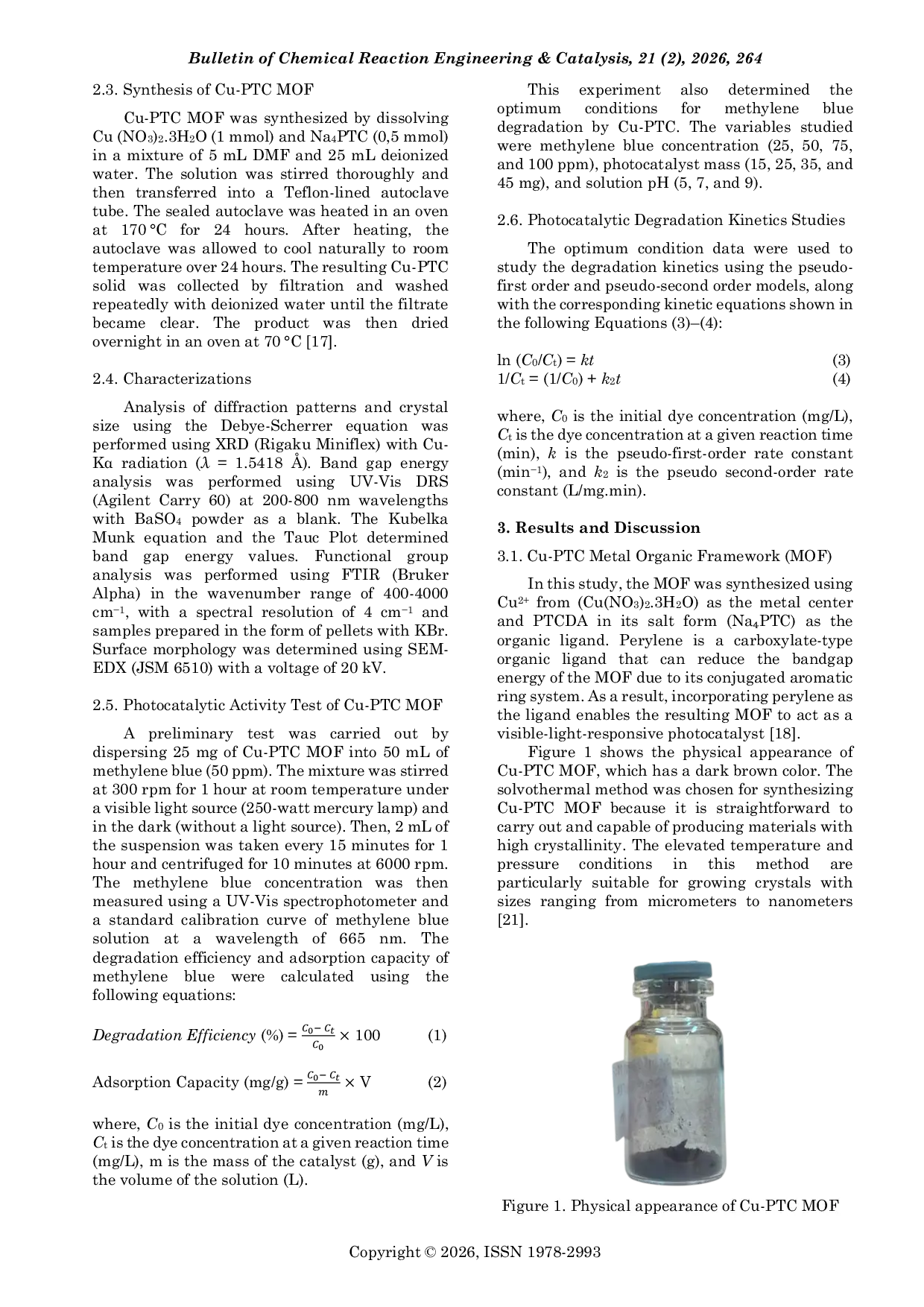 JURIS Synthesis of Cu PTC Perylene 3 4 9 10 tetracarboxylate Metal Organic Framework MOF for Methylene Blue Photodegradation