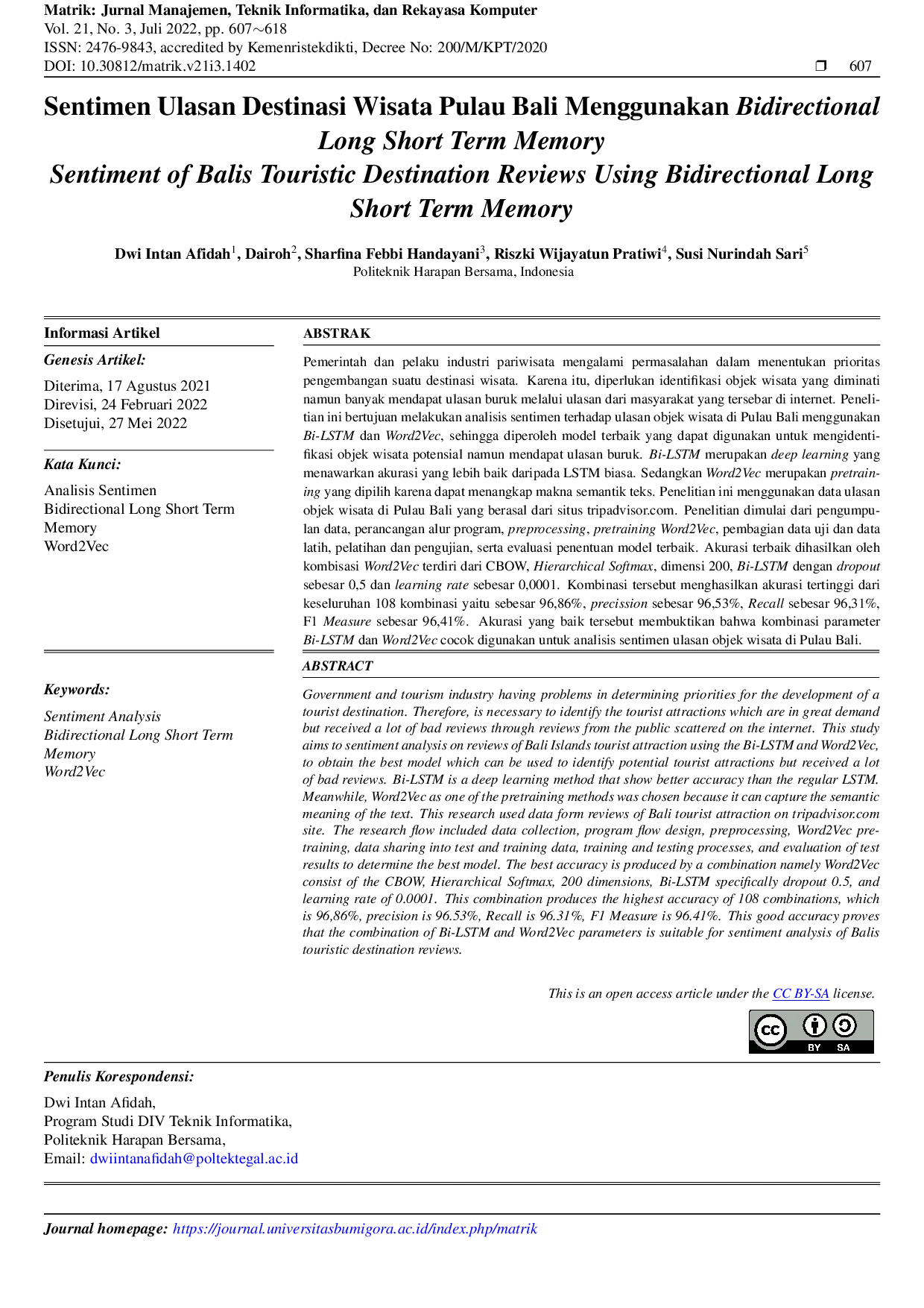 JURIS Sentimen Ulasan Destinasi Wisata Pulau Bali Menggunakan Bidirectional Long Short Term Memory