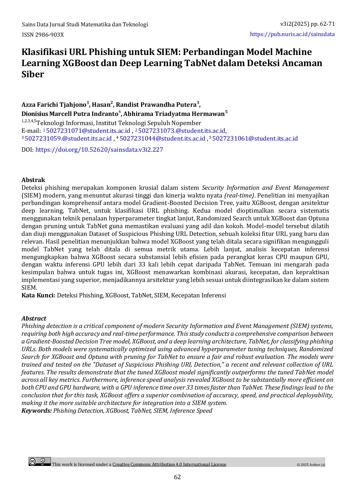 JURIS Klasifikasi URL Phishing untuk SIEM Perbandingan Model Machine Learning XGBoost dan Deep Learning TabNet dalam Deteksi Ancaman Siber